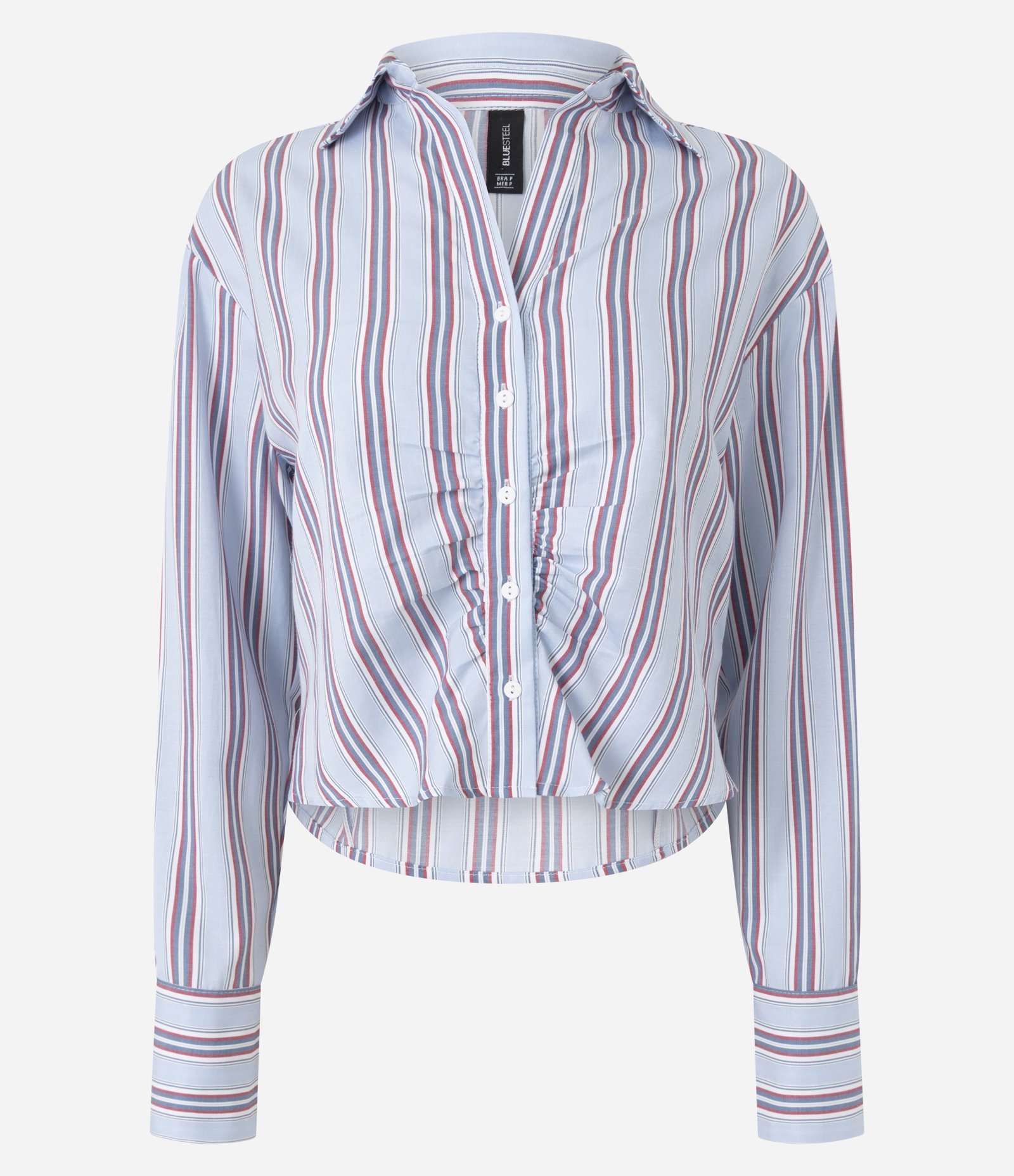 Camisa Manga Longa Listrada em Tricoline com Drapeados Frontais Azul Lavanda 5