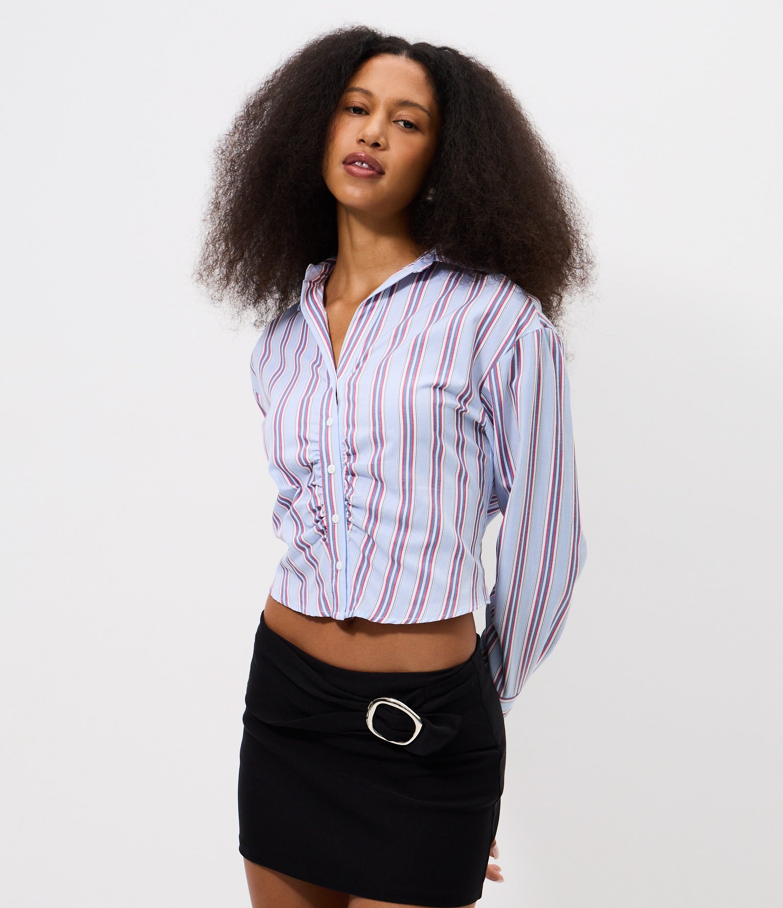 Camisa Manga Longa Listrada em Tricoline com Drapeados Frontais Azul Lavanda 1