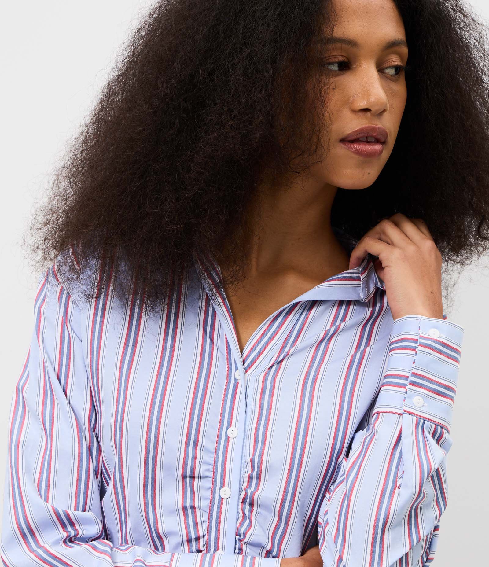 Camisa Manga Longa Listrada em Tricoline com Drapeados Frontais Azul Lavanda 3