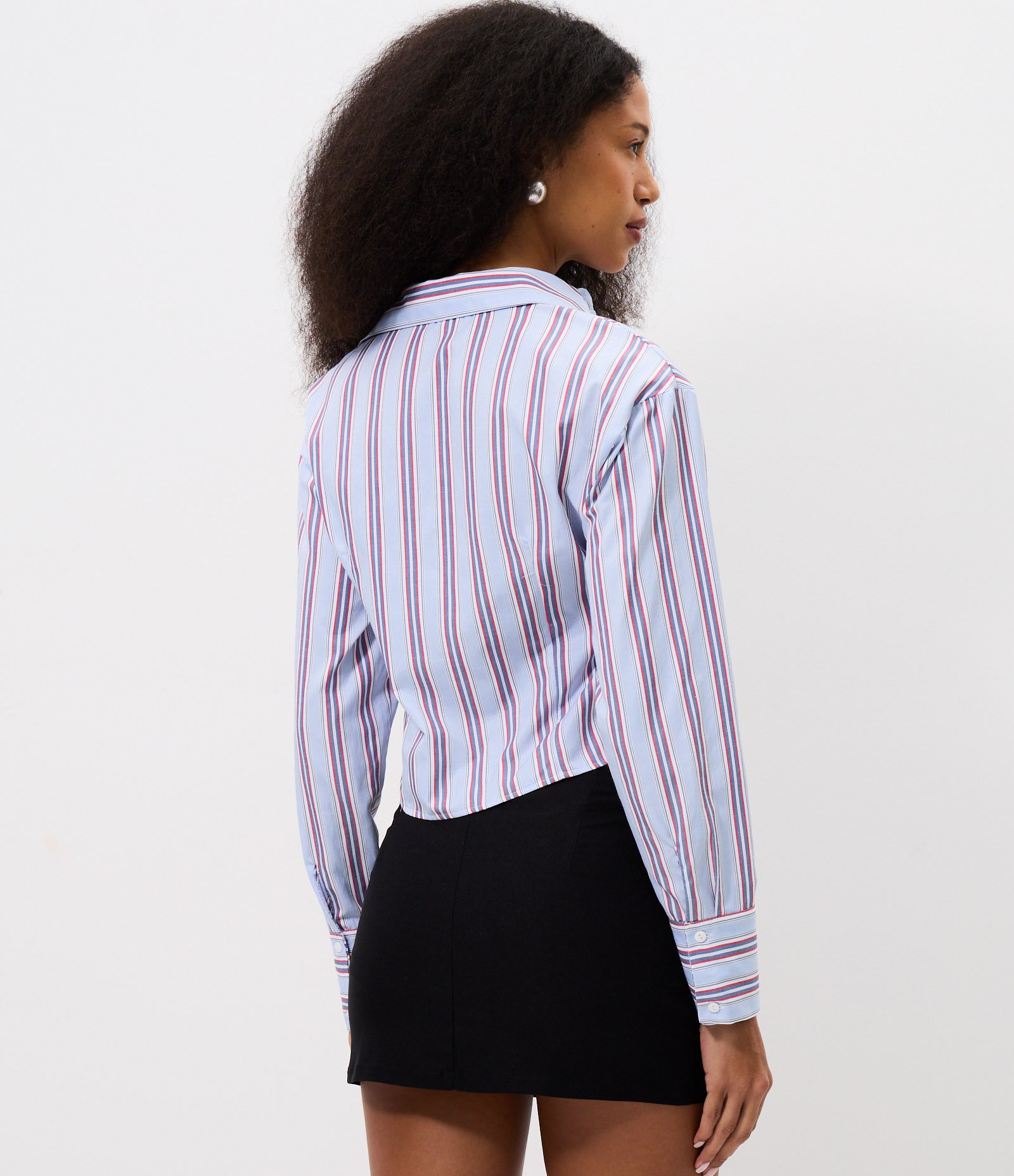 Camisa Manga Longa Listrada em Tricoline com Drapeados Frontais Azul Lavanda 4