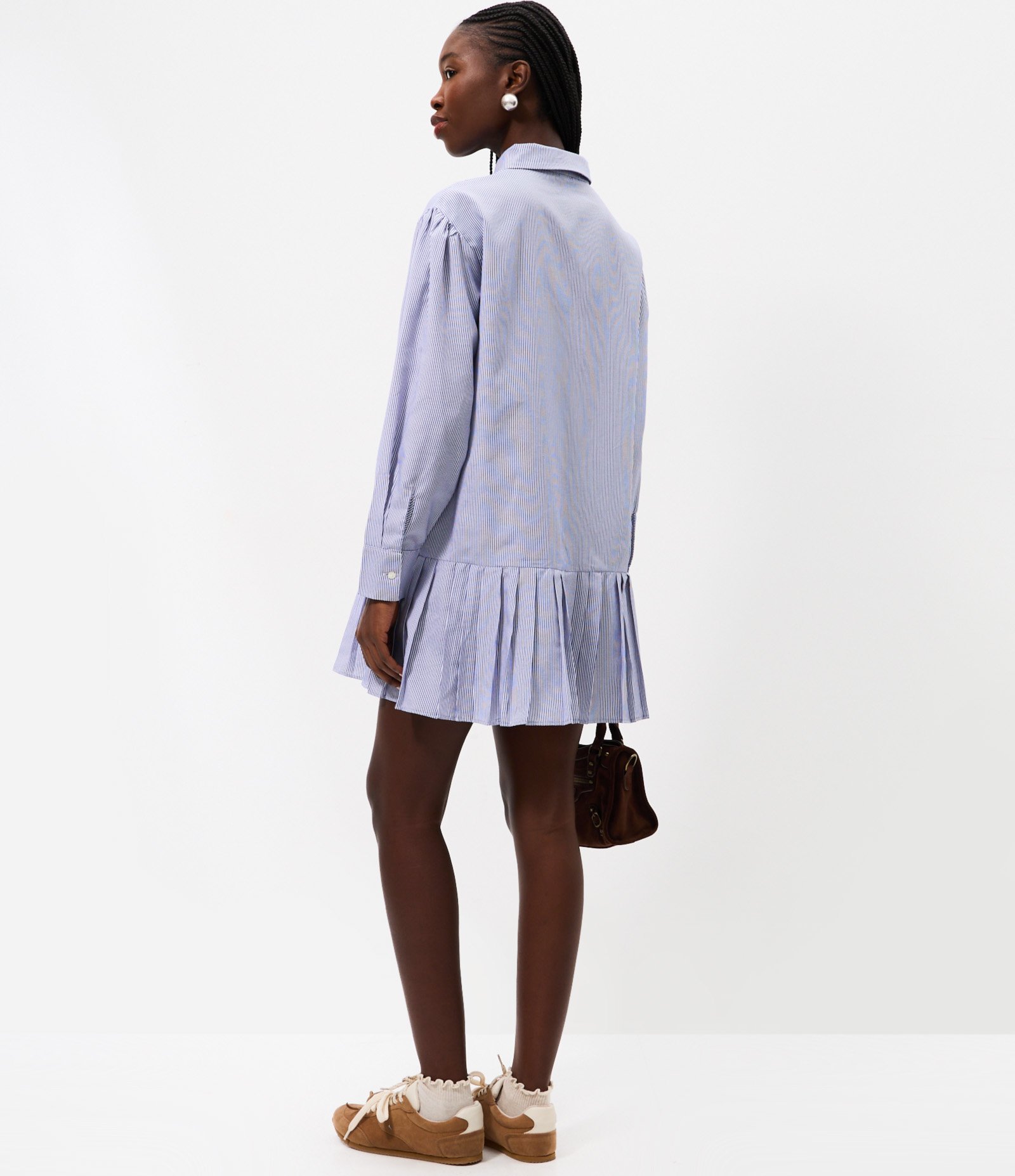 Vestido Curto em Tricoline Listrado com Saia de Pregas Azul 4