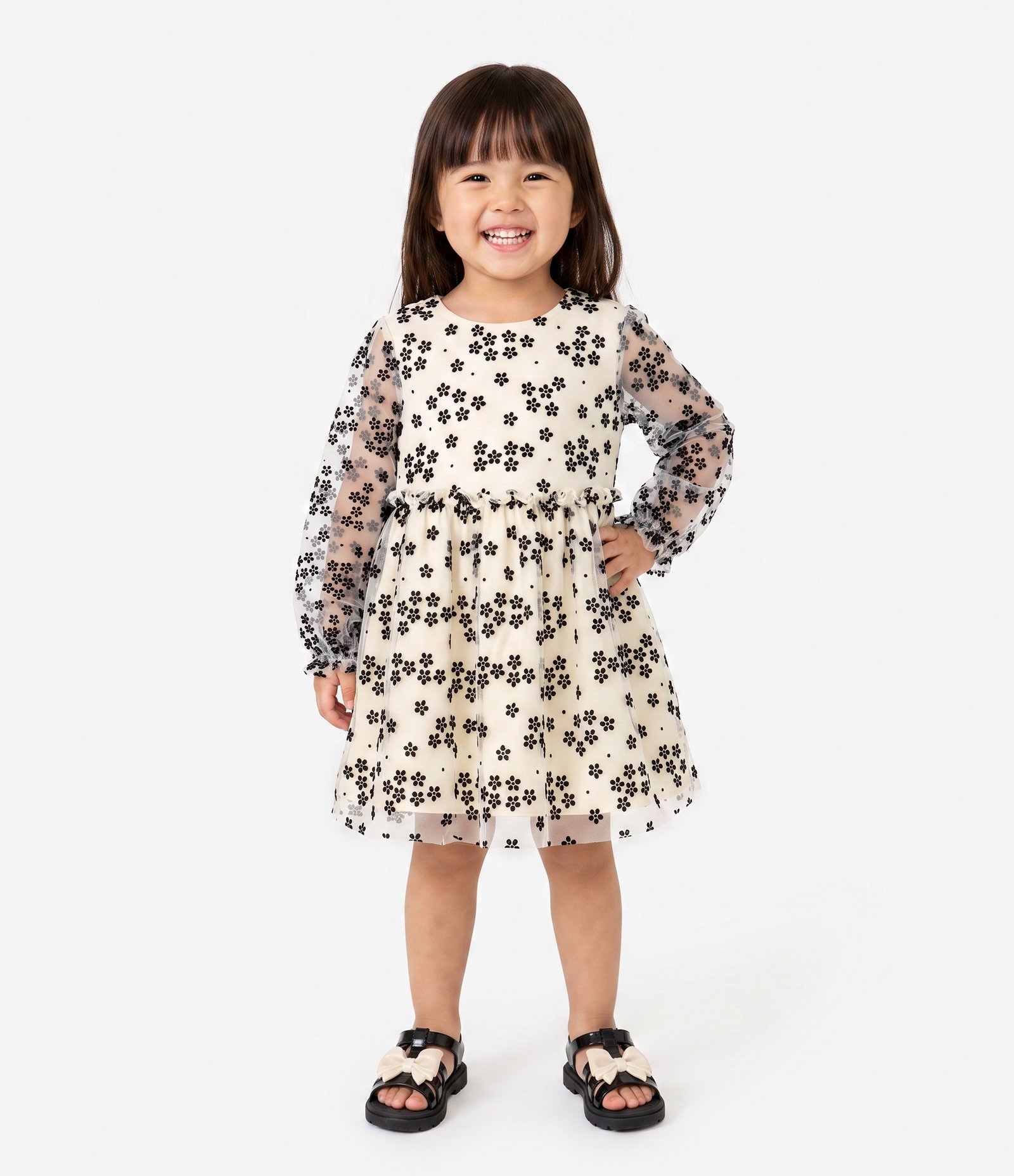 Vestido Curto Infantil em Tule Flocado - Tam 1 A 6 Anos Bege 1