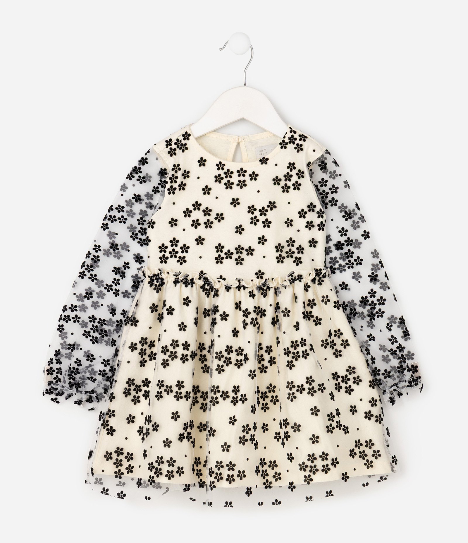 Vestido Curto Infantil em Tule Flocado - Tam 1 A 6 Anos Bege 2