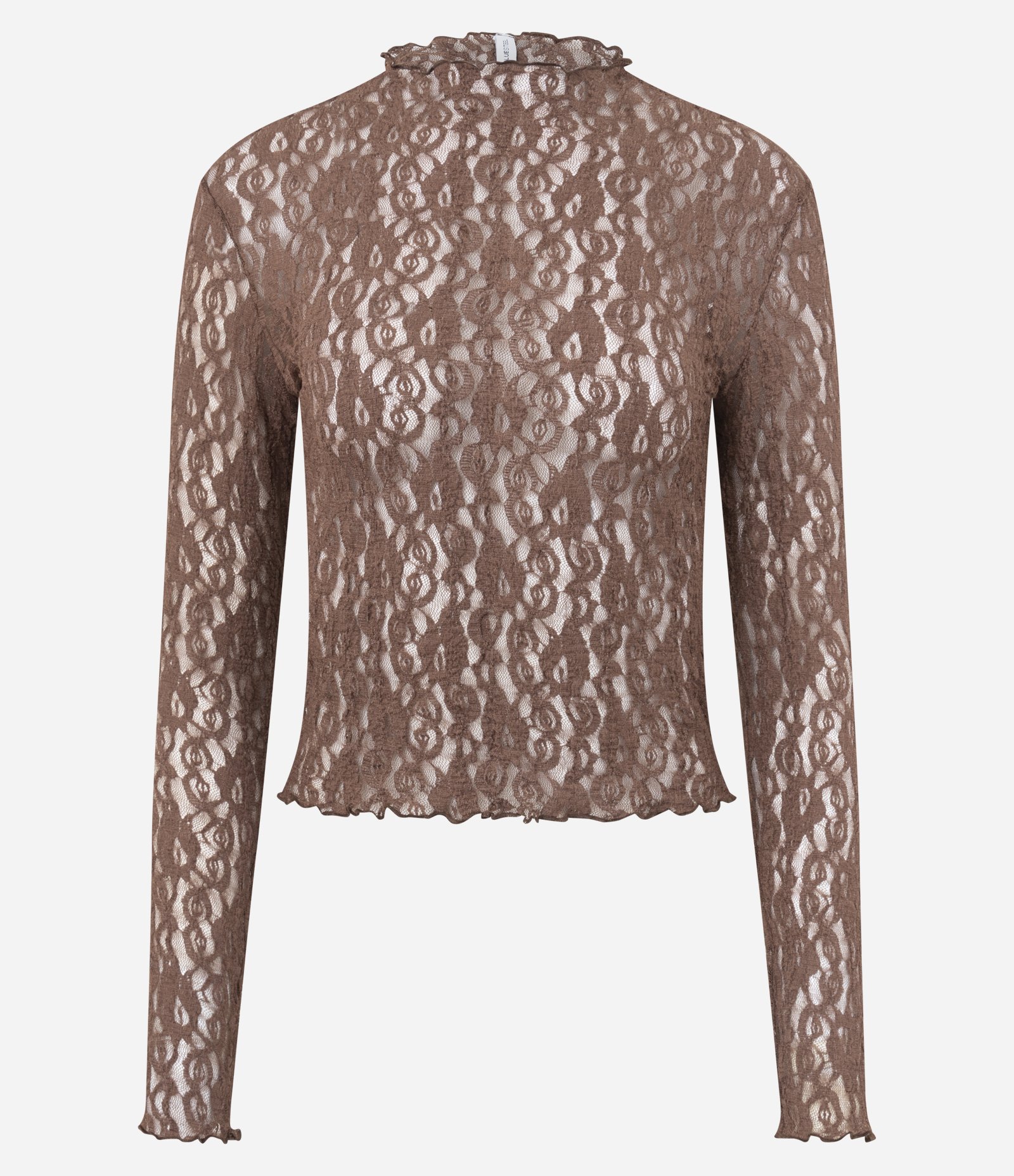 Blusa Manga Longa em Renda Vazada com Transparência e Gola Alta Marrom 5