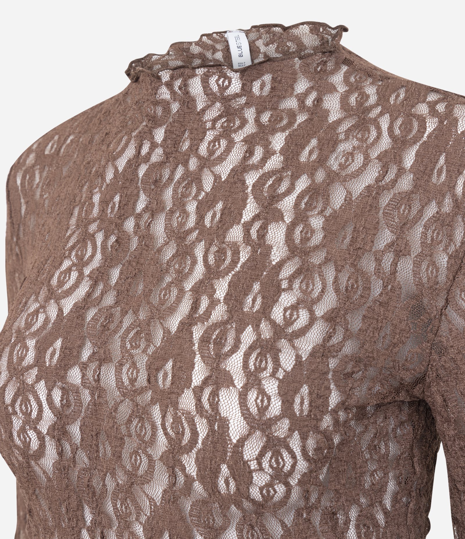 Blusa Manga Longa em Renda Vazada com Transparência e Gola Alta Marrom 6