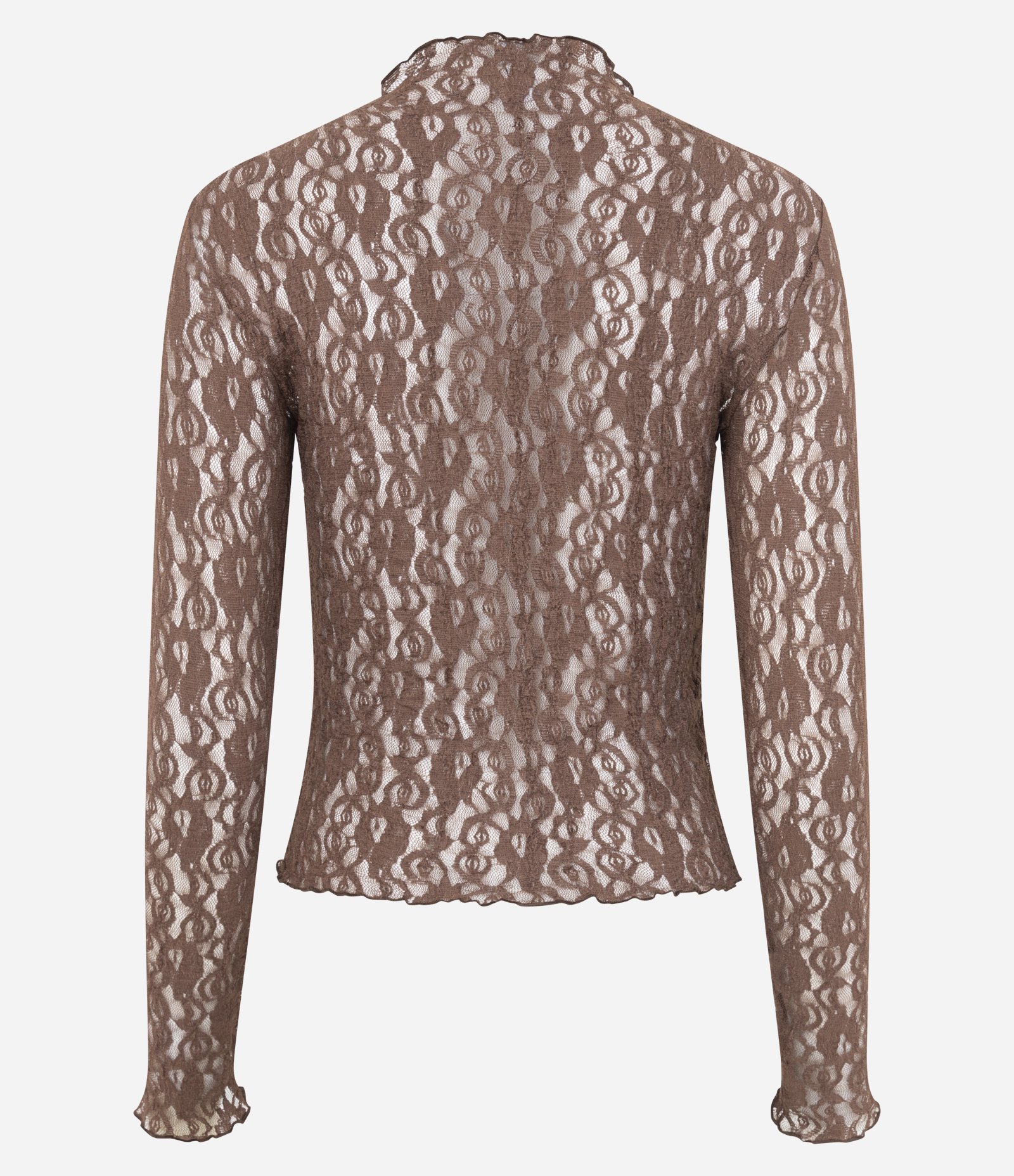Blusa Manga Longa em Renda Vazada com Transparência e Gola Alta Marrom 7