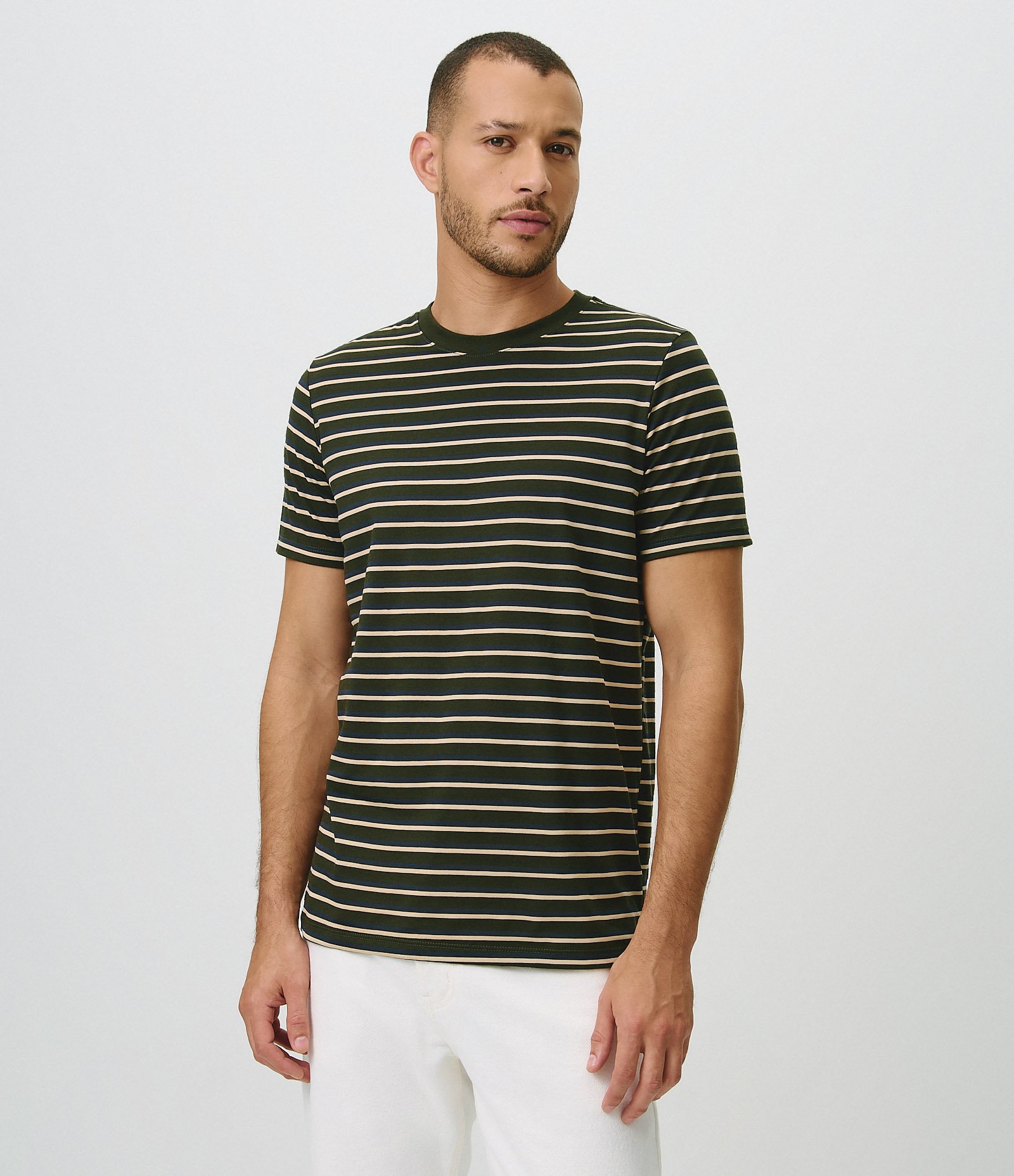 Camiseta Regular em Algodão com Listras em Fio Tinto Verde 1