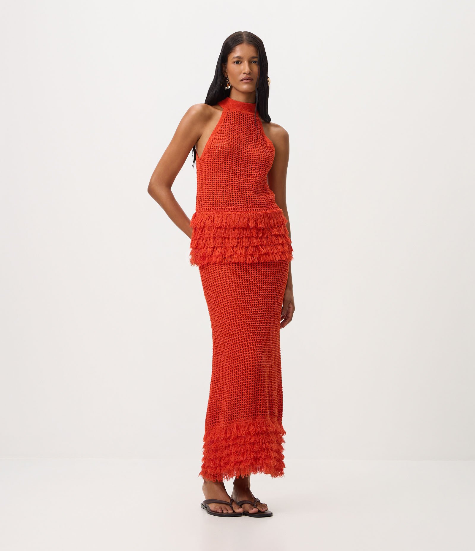 Saia Midi em Tricô com Franjas na Barra Vermelho 1