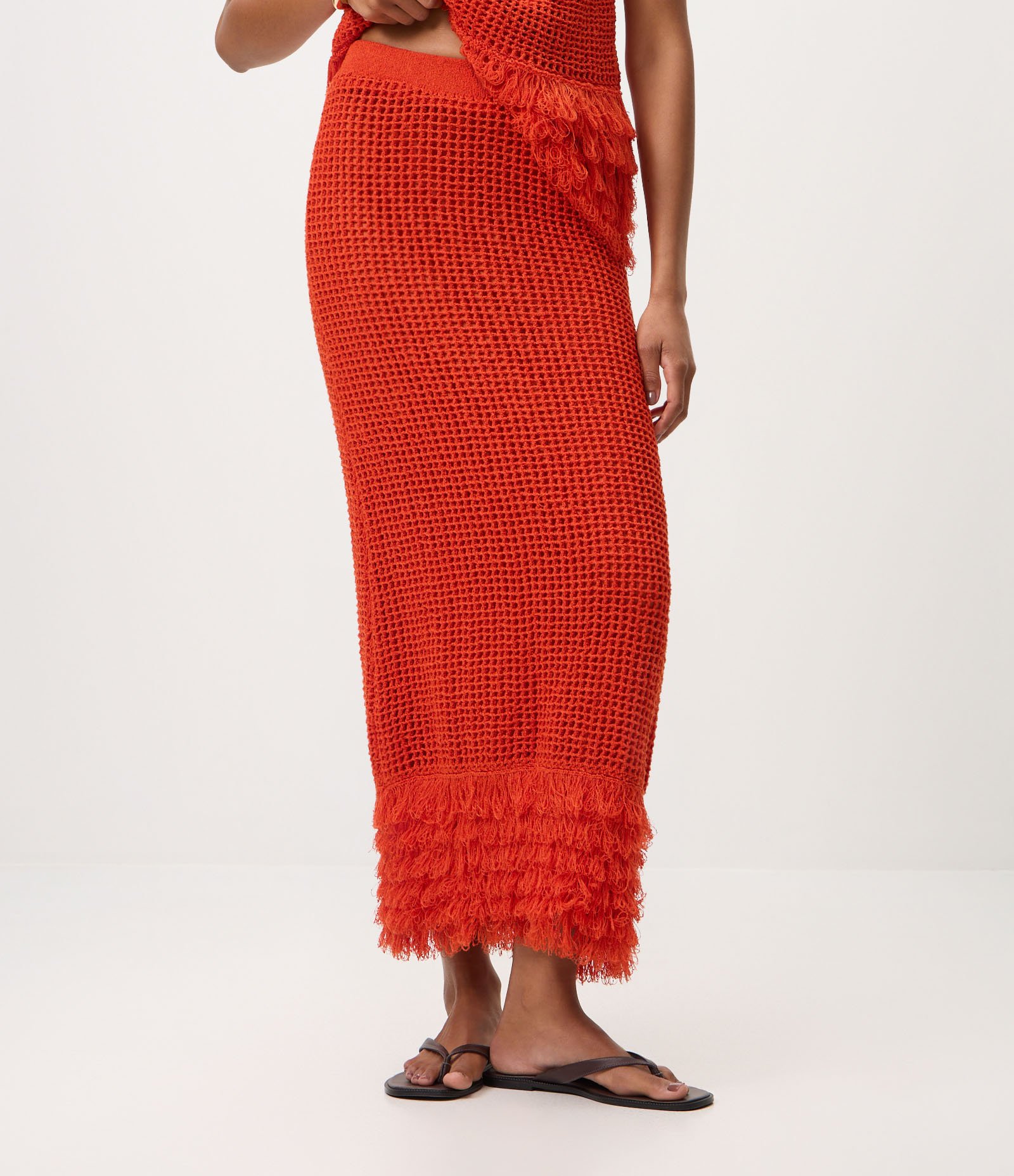 Saia Midi em Tricô com Franjas na Barra Vermelho 3