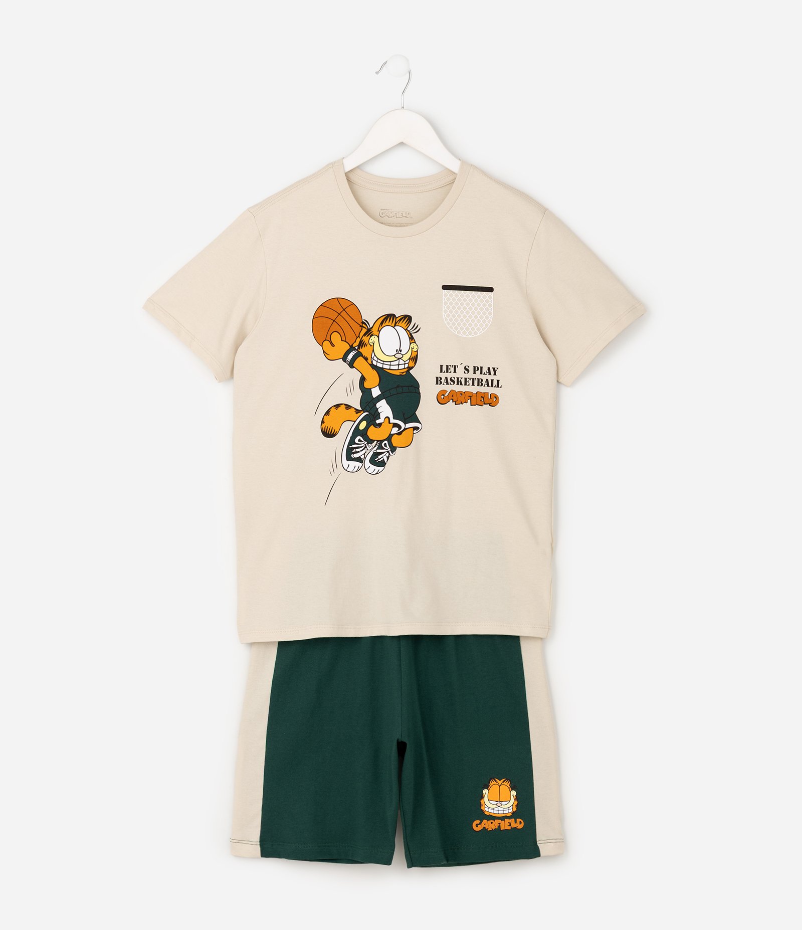 Pijama Infantil em Algodão com Estampa Garfield Basquete - Tam 7 a 16 Anos Bege 1