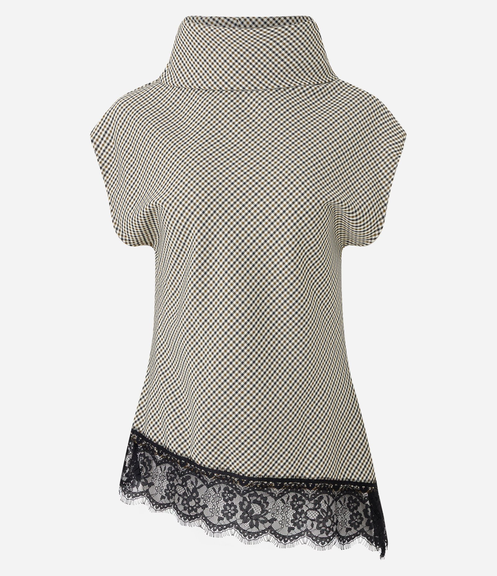 Blusa Xadrez Alfaiatada com Aplicação de Renda na Barra Verde 1