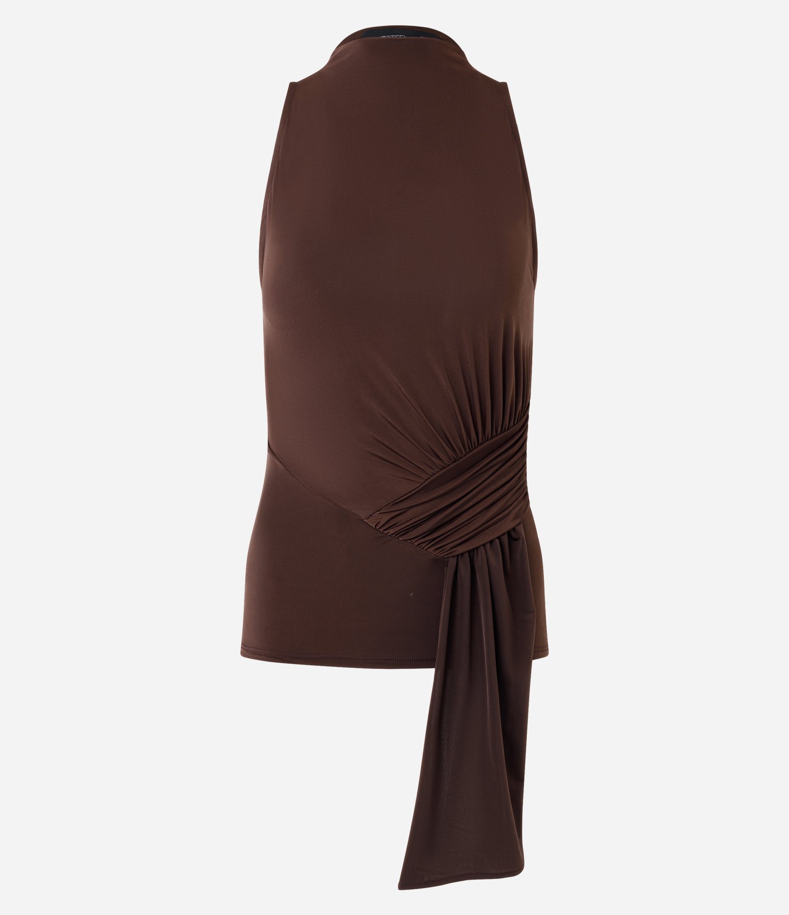 Blusa Gola Halter em Malha com Detalhe de Faixa Soltinha Marrom 5