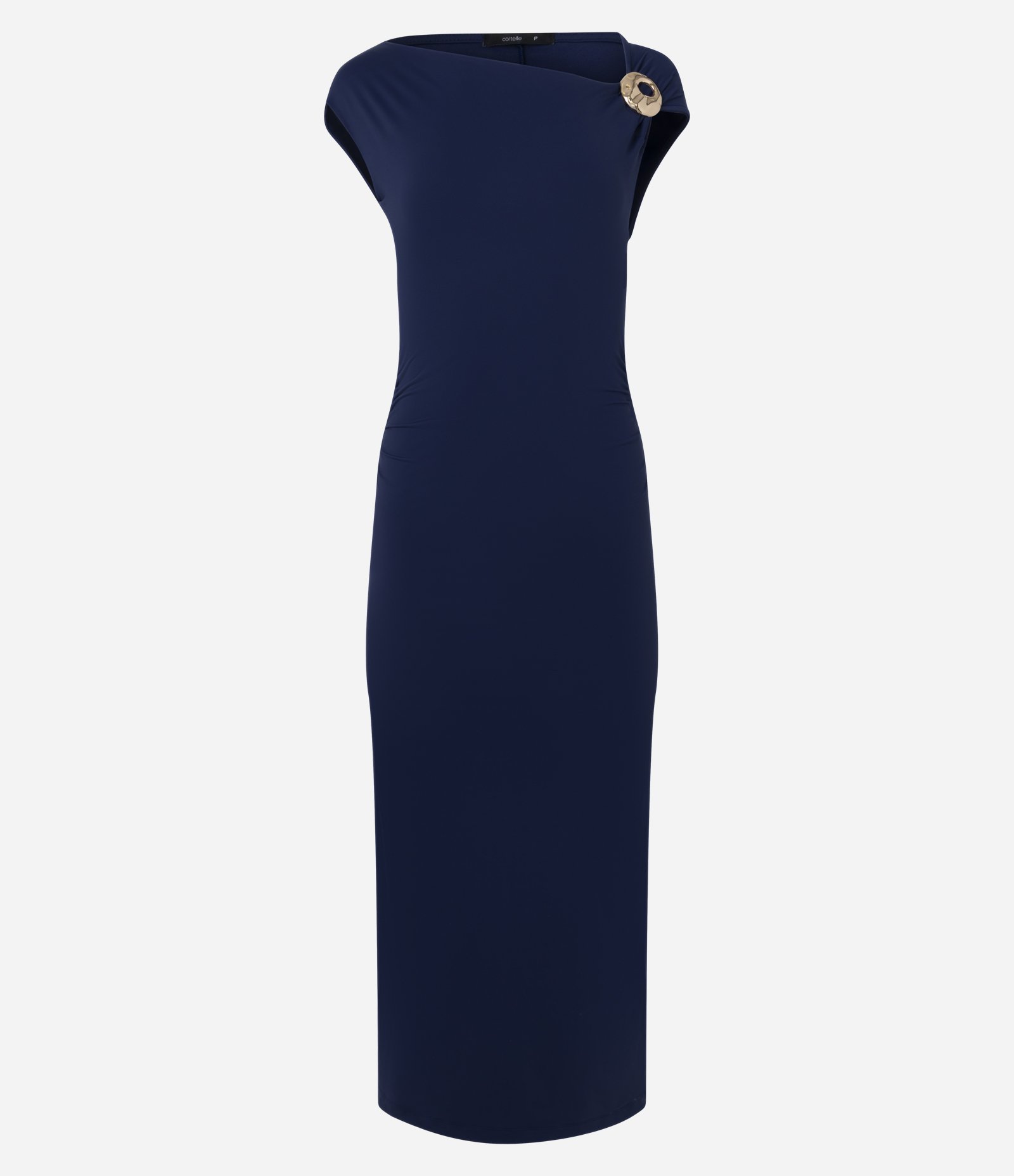 Vestido Longo em Microfibra com Enfeite no Ombro Azul 1