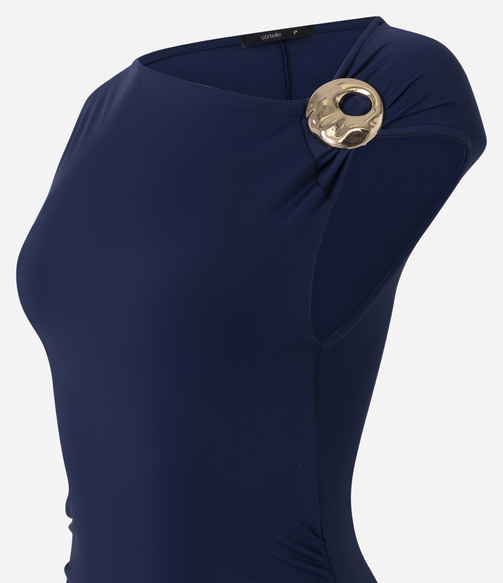 Vestido Longo em Microfibra com Enfeite no Ombro Azul 2