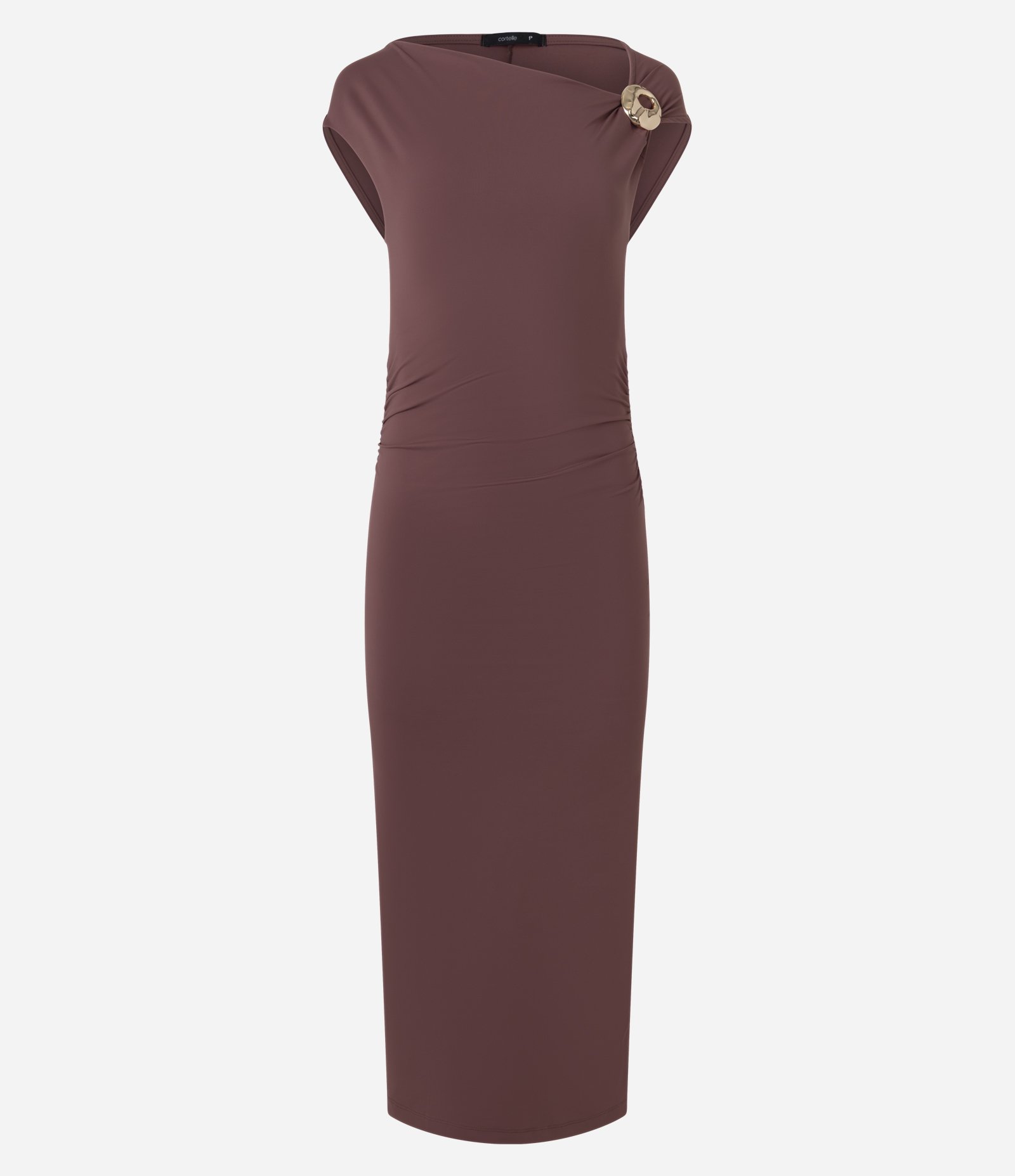 Vestido Longo em Microfibra com Enfeite no Ombro Marrom 5