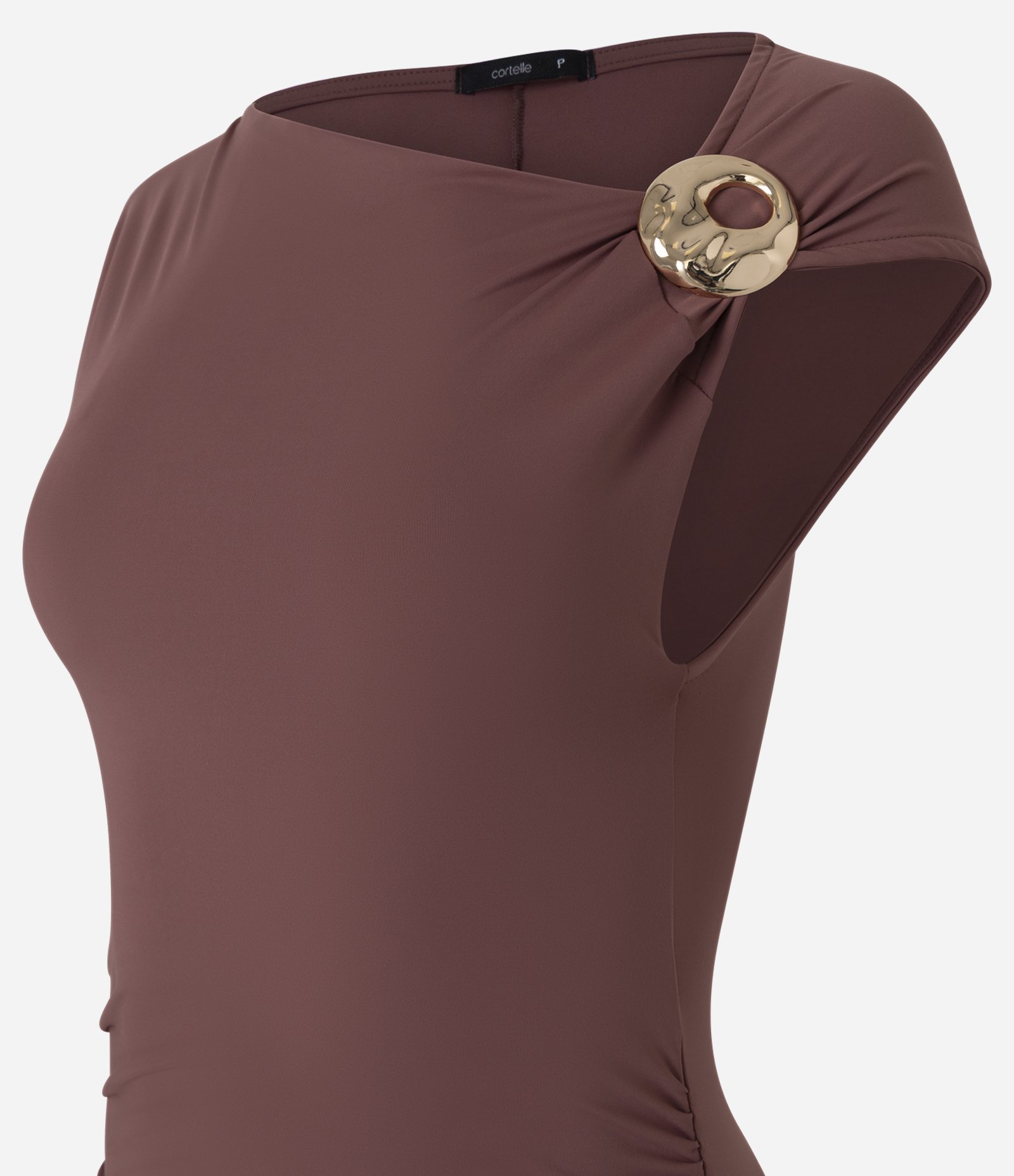 Vestido Longo em Microfibra com Enfeite no Ombro Marrom 6