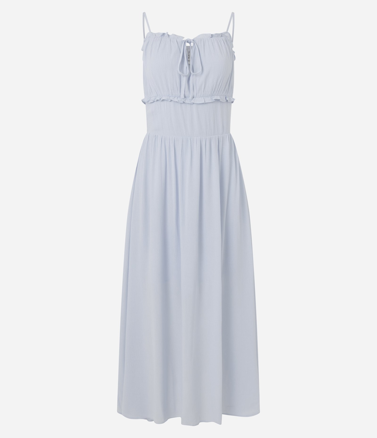 Vestido Midi em Viscose Texturizada com Babados e Amarração Frontal Azul Claro 1