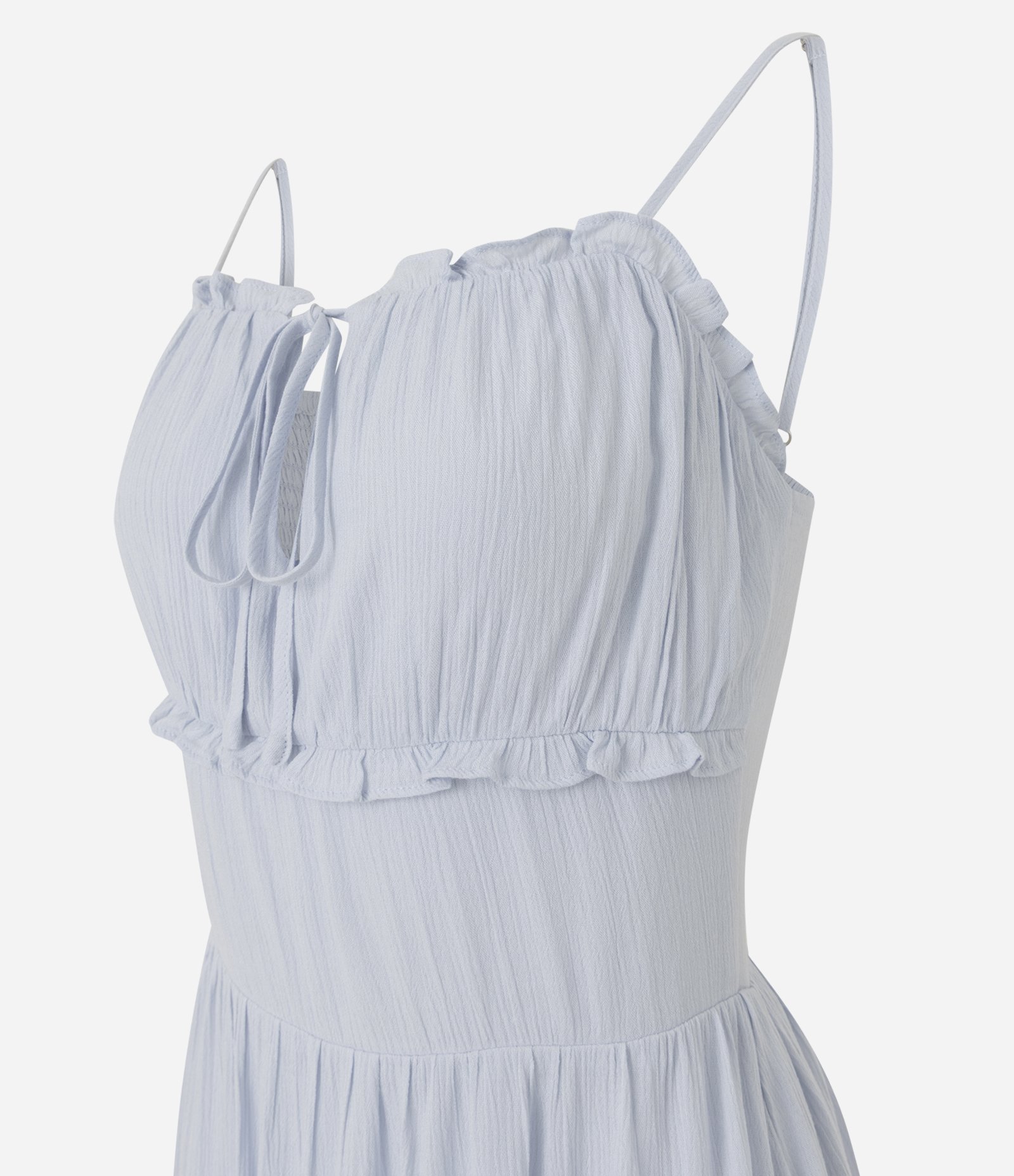 Vestido Midi em Viscose Texturizada com Babados e Amarração Frontal Azul Claro 2