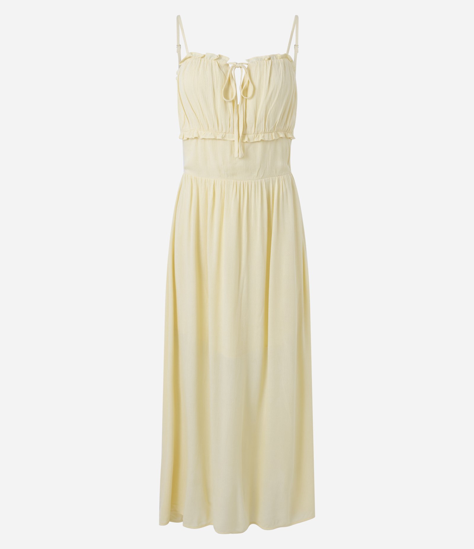 Vestido Midi em Viscose Texturizada com Babados e Amarração Frontal Amarelo Claro 1