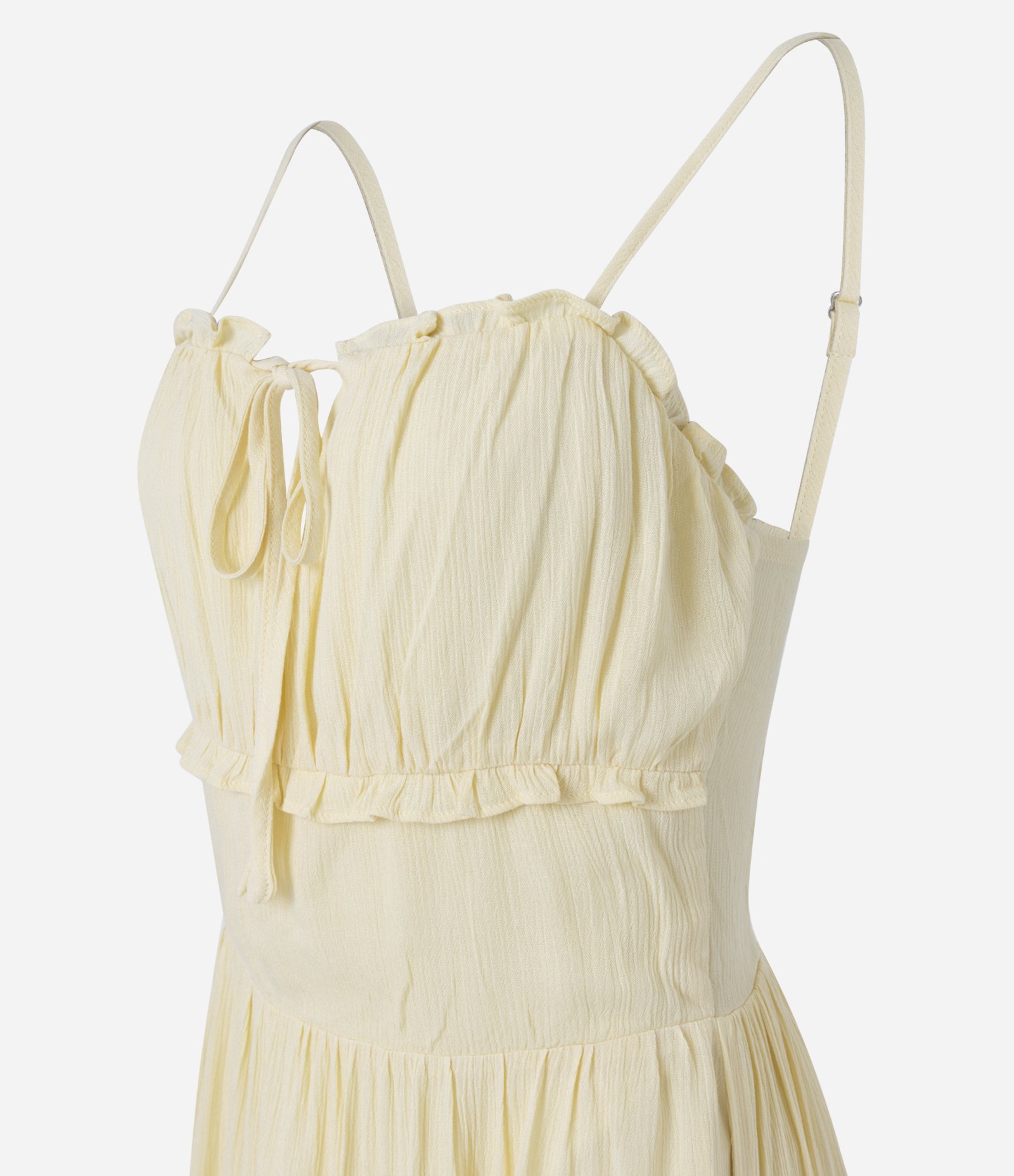 Vestido Midi em Viscose Texturizada com Babados e Amarração Frontal Amarelo Claro 2