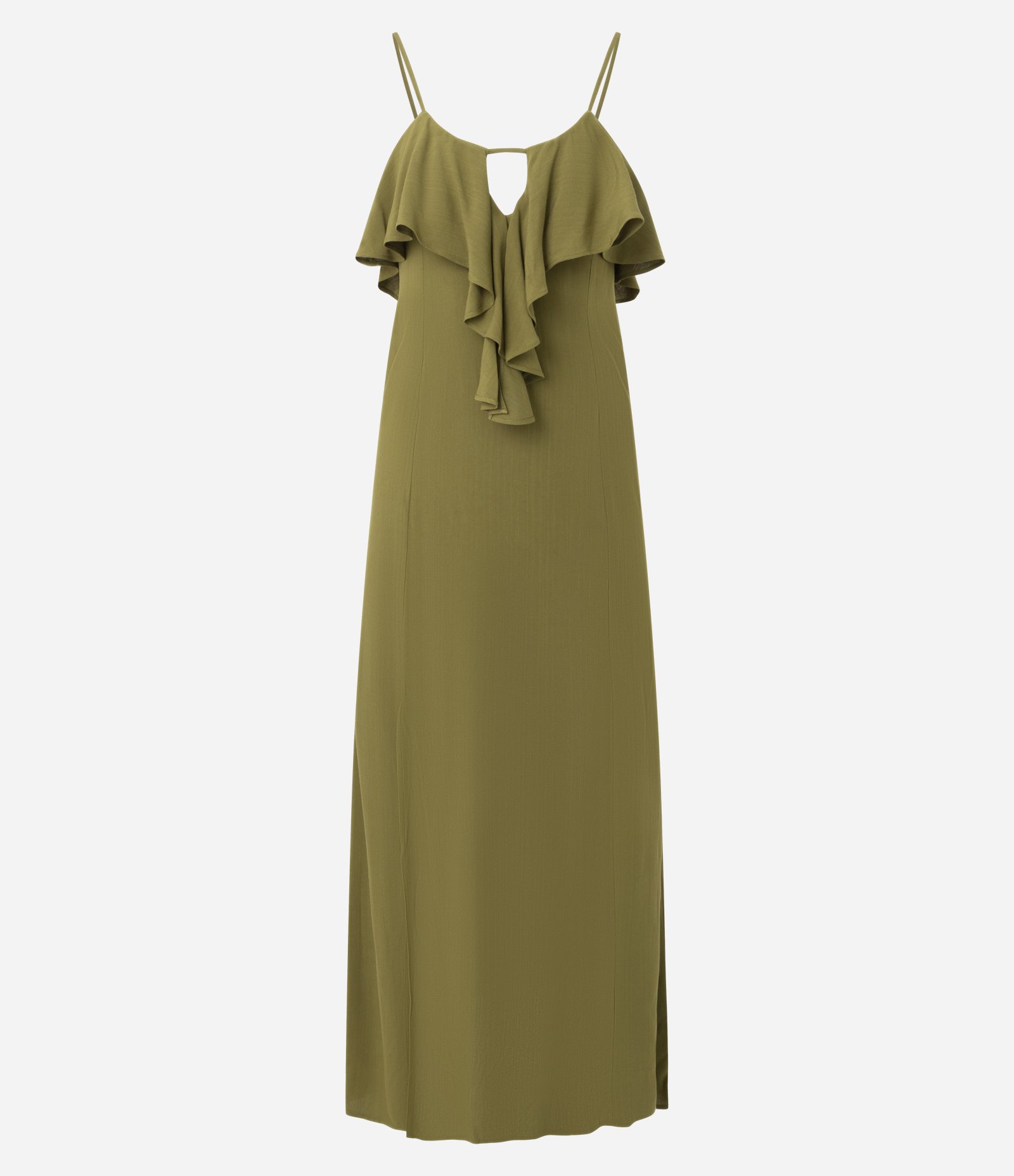Vestido Longo em Viscose com Babados Frontais e Costas Vazadas Verde Amarelado 5