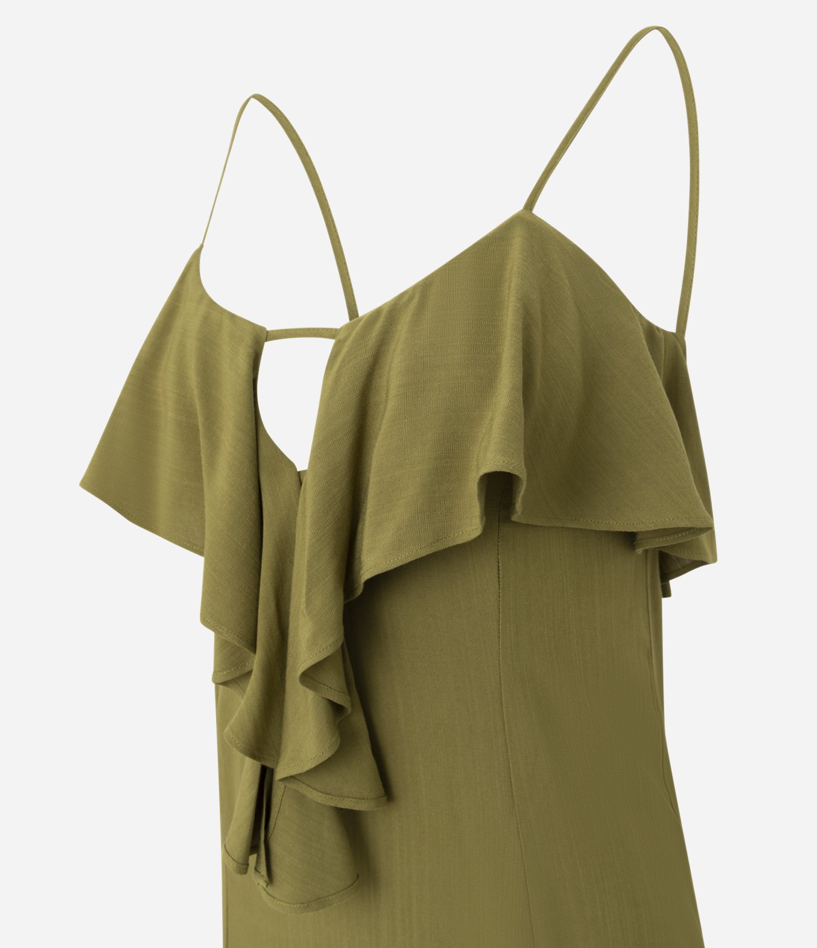 Vestido Longo em Viscose com Babados Frontais e Costas Vazadas Verde Amarelado 6