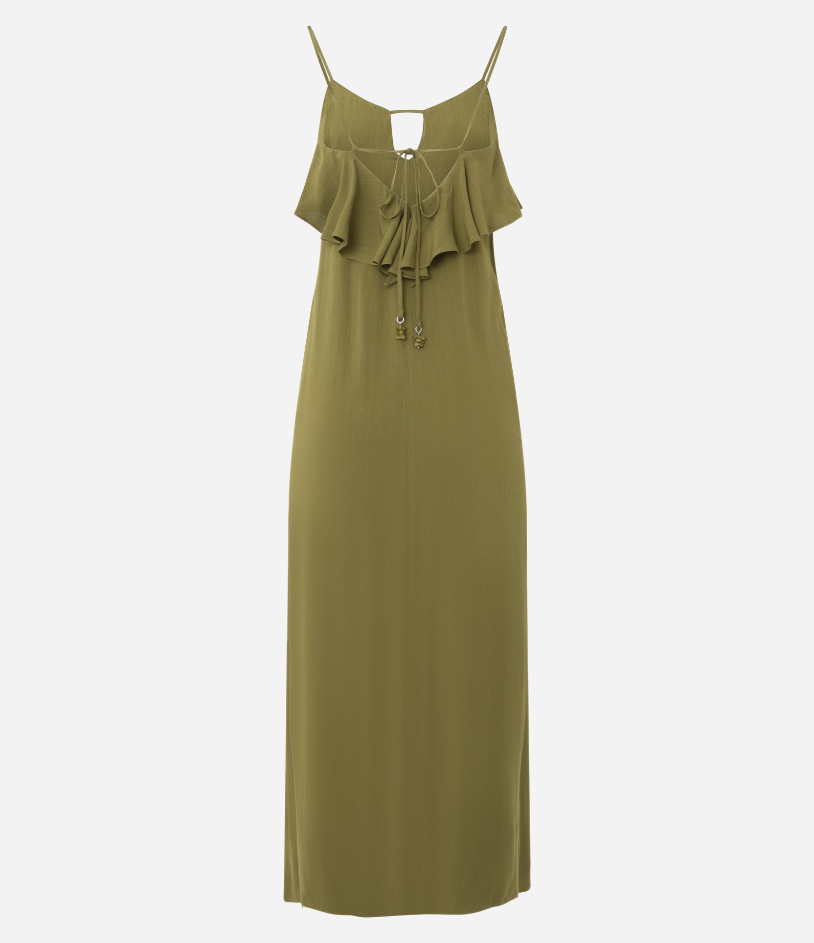 Vestido Longo em Viscose com Babados Frontais e Costas Vazadas Verde Amarelado 7