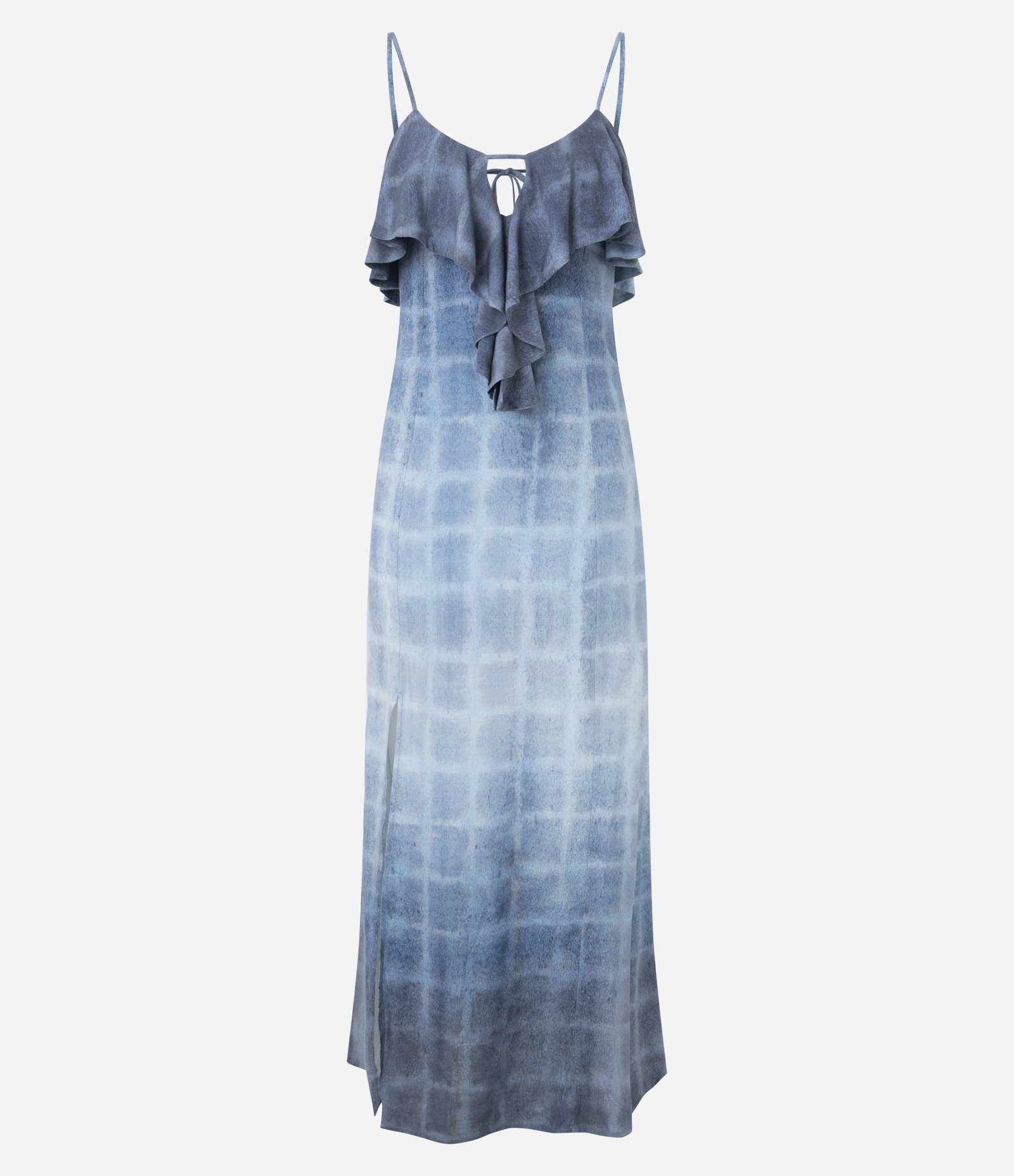 Vestido Longo Xadrez Degradê com Babados Frontais e Costas Vazadas Azul 5