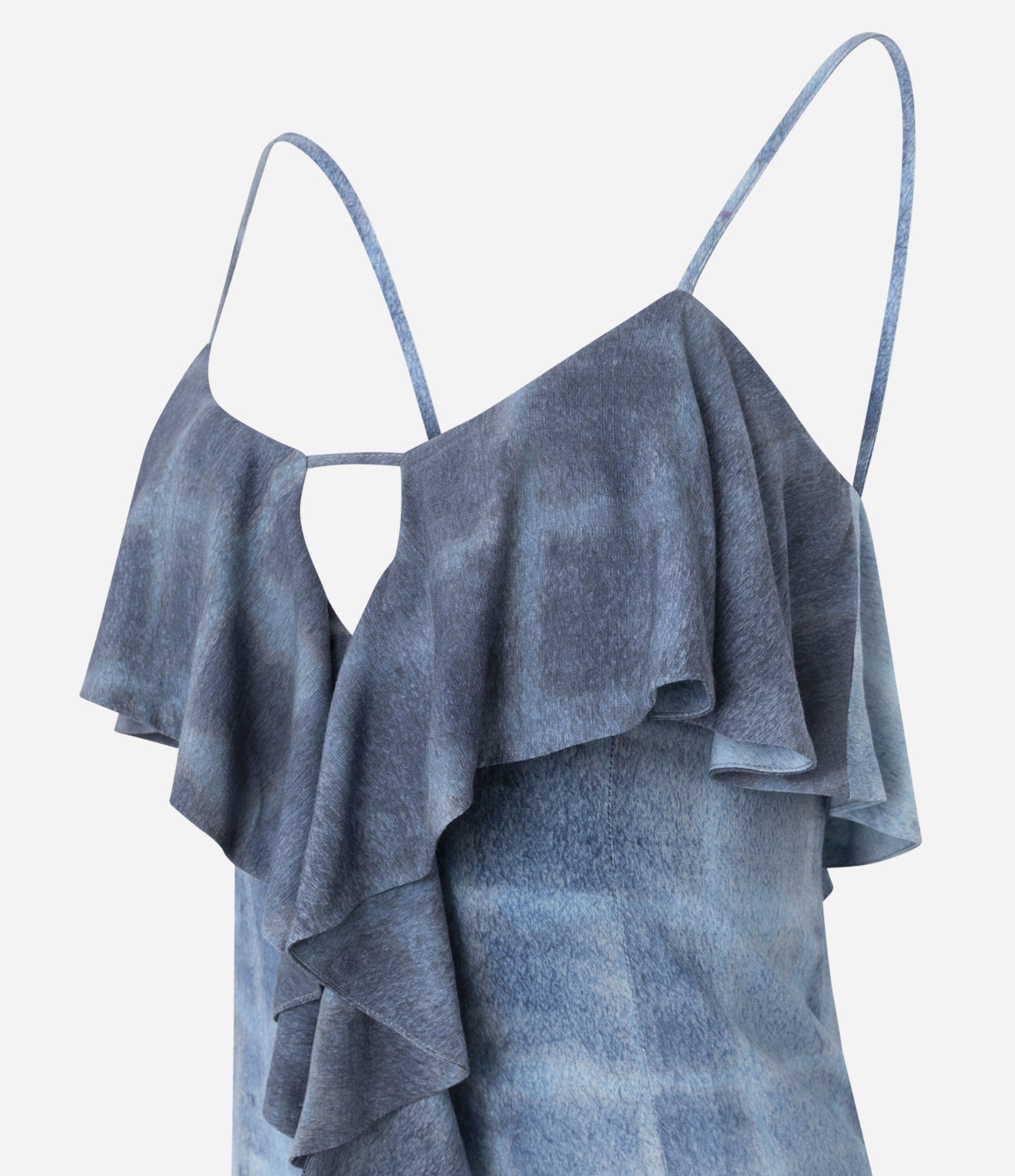 Vestido Longo Xadrez Degradê com Babados Frontais e Costas Vazadas Azul 6