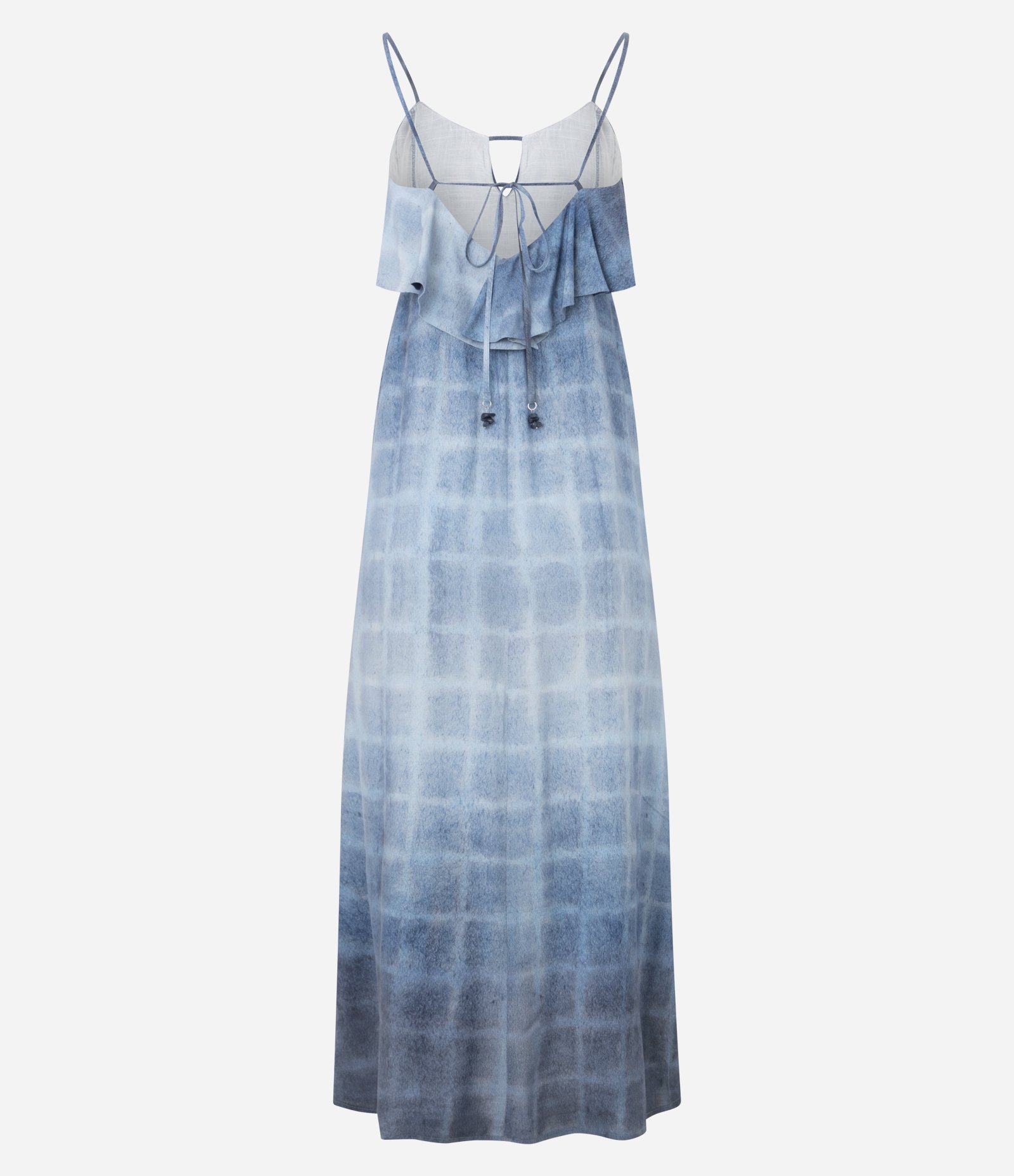 Vestido Longo Xadrez Degradê com Babados Frontais e Costas Vazadas Azul 7