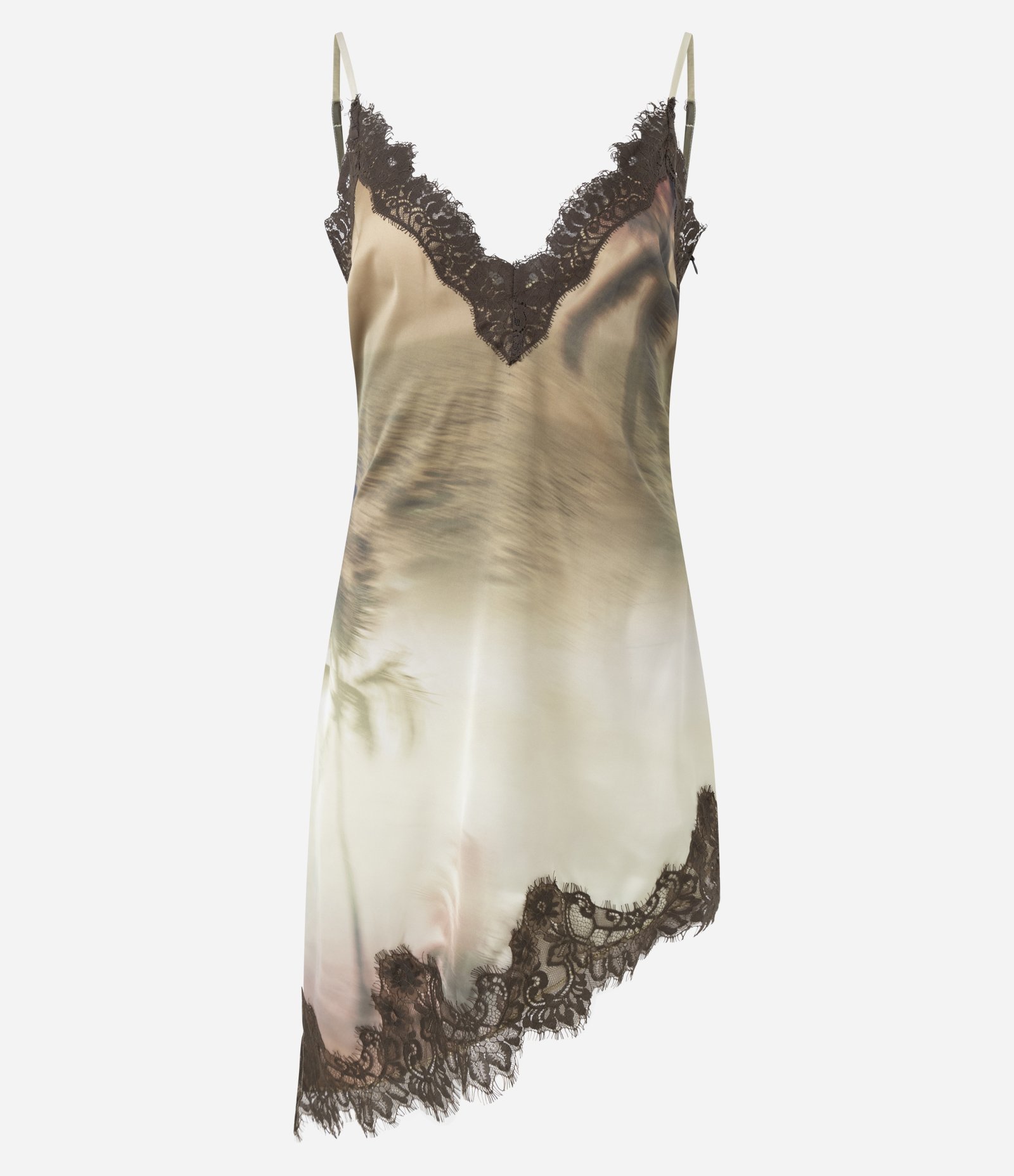 Vestido Acetinado Degradê com Barra Assimétrica Rendada Bege 5