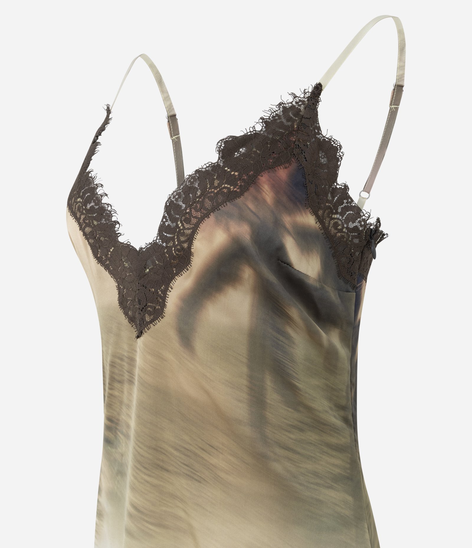 Vestido Acetinado Degradê com Barra Assimétrica Rendada Bege 6