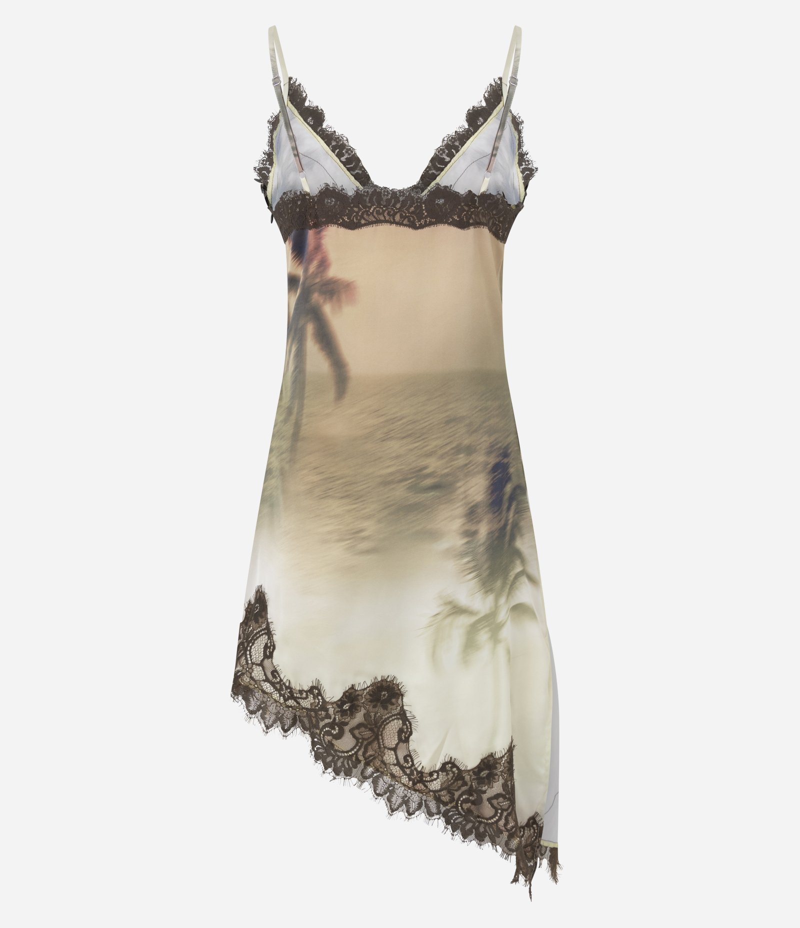 Vestido Acetinado Degradê com Barra Assimétrica Rendada Bege 7