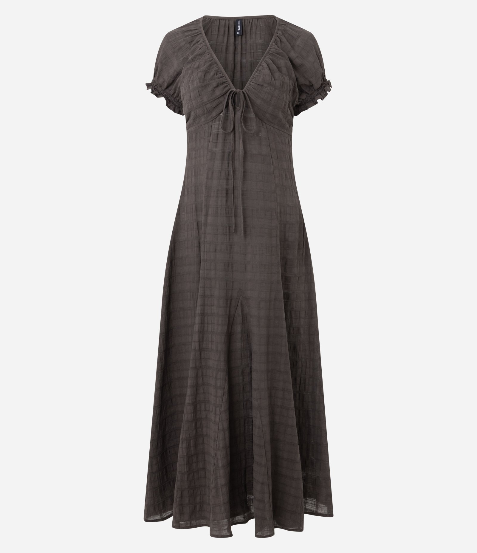 Vestido Long Midi em Algodão com Amarração no Decote Marrom Acinzentado 1
