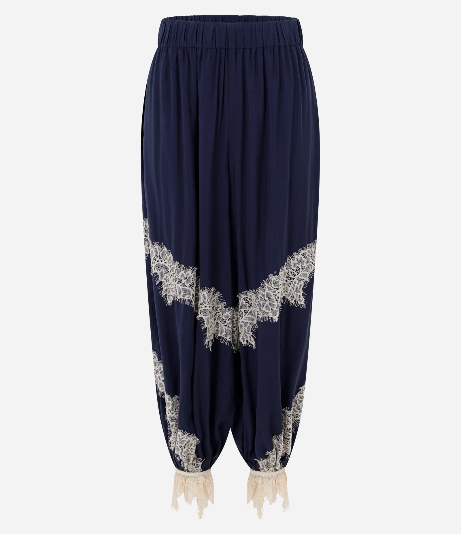 Calça Aladim em Cupro com Aplicações de Renda e Barra Franzida Azul Escuro 5