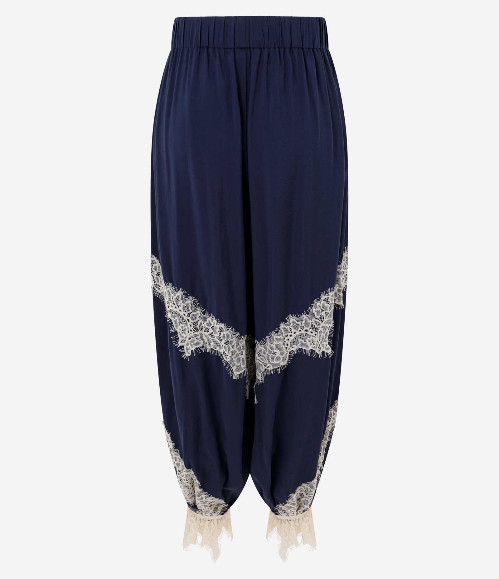 Calça Aladim em Cupro com Aplicações de Renda e Barra Franzida Azul Escuro 7