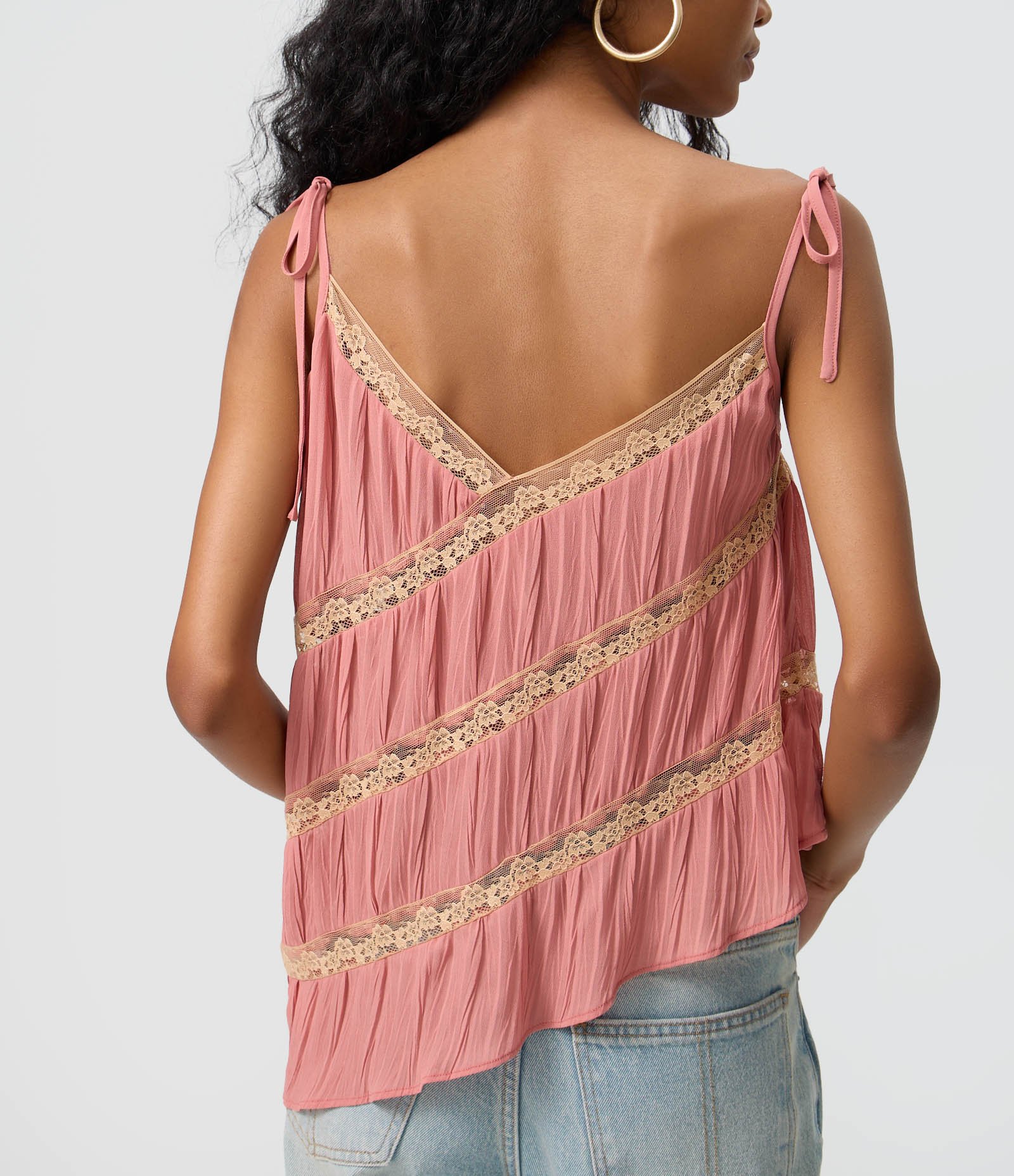 Blusa Assimétrica com Entremeio de Renda e Alças para Amarração Rosa 4