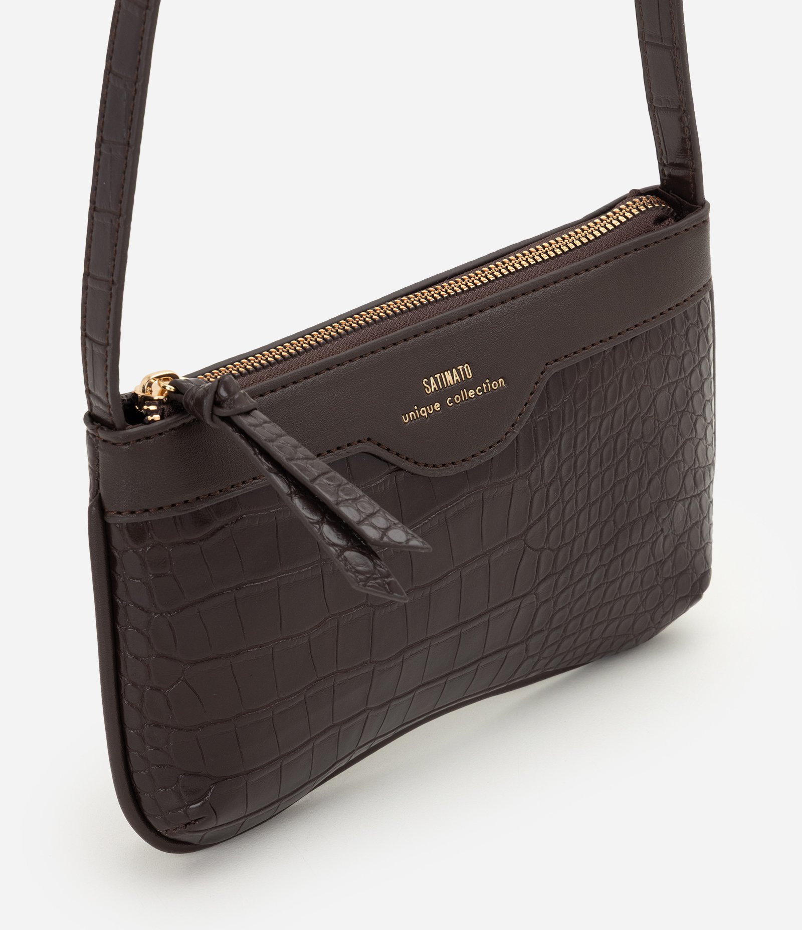 Bolsa Transversal em PU com Textura Croco Marrom 1