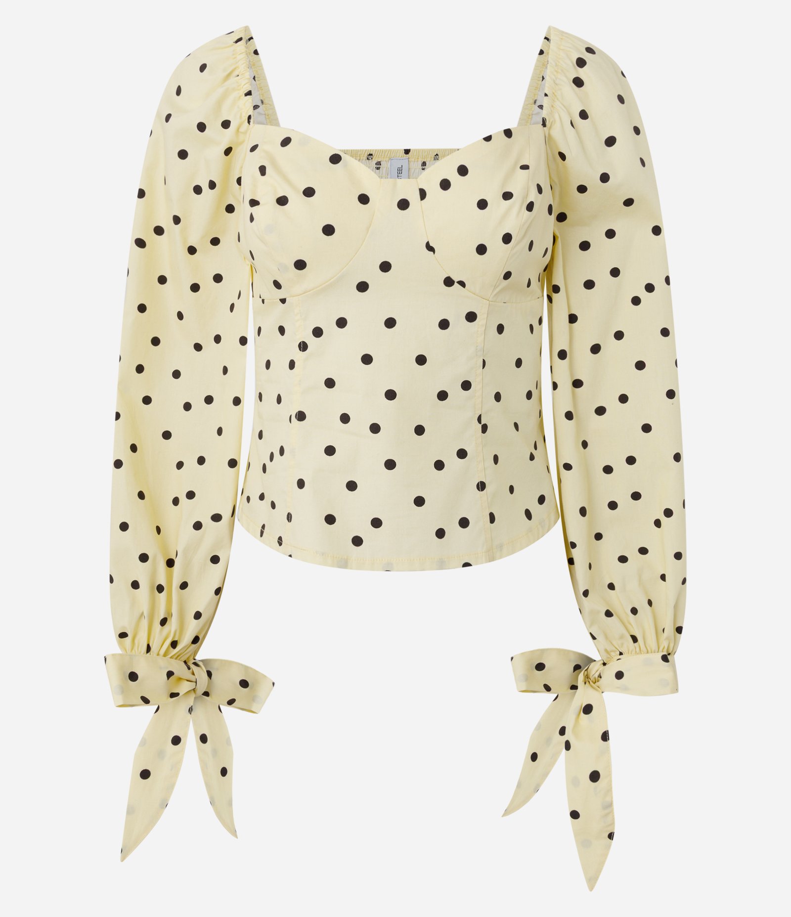 Blusa Manga Longa em Tricoline com Estampa Poá e Laços nos Punhos Amarelo Claro 5