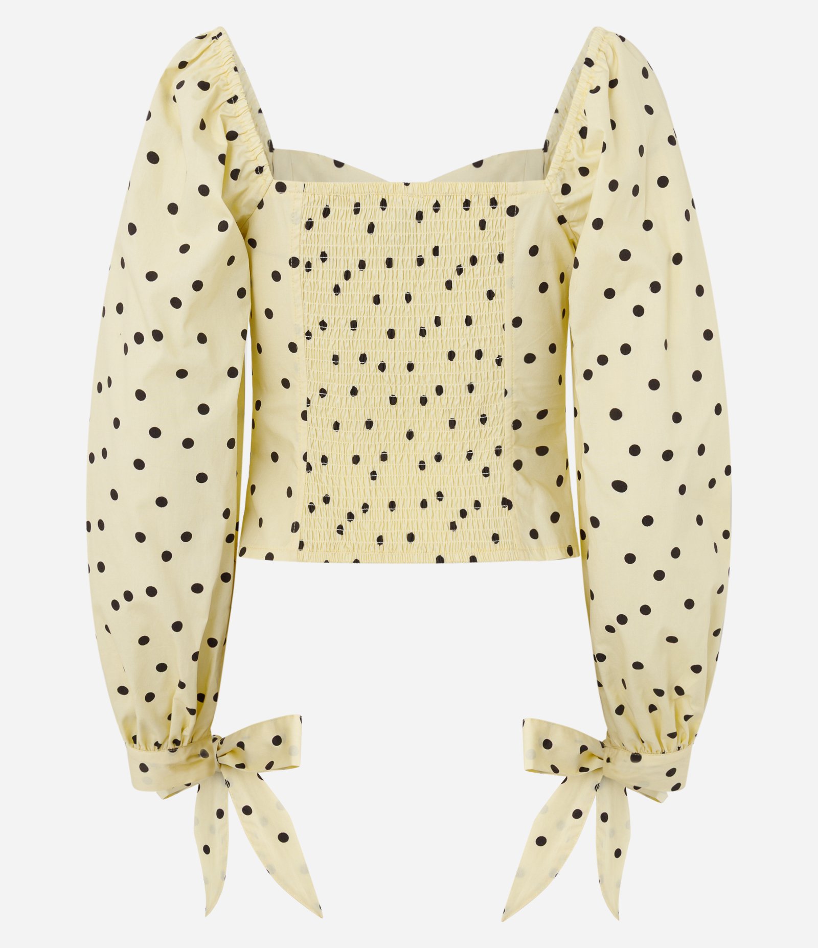 Blusa Manga Longa em Tricoline com Estampa Poá e Laços nos Punhos Amarelo Claro 6