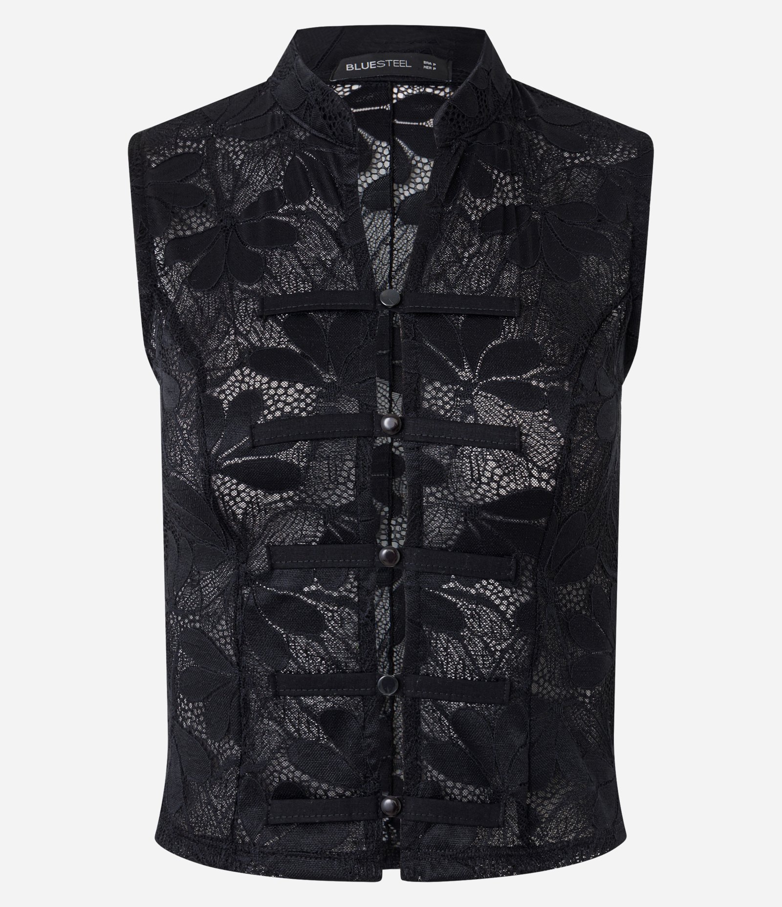 Blusa em Renda Texturizada com Fechamento em Nó Chines Preto 5