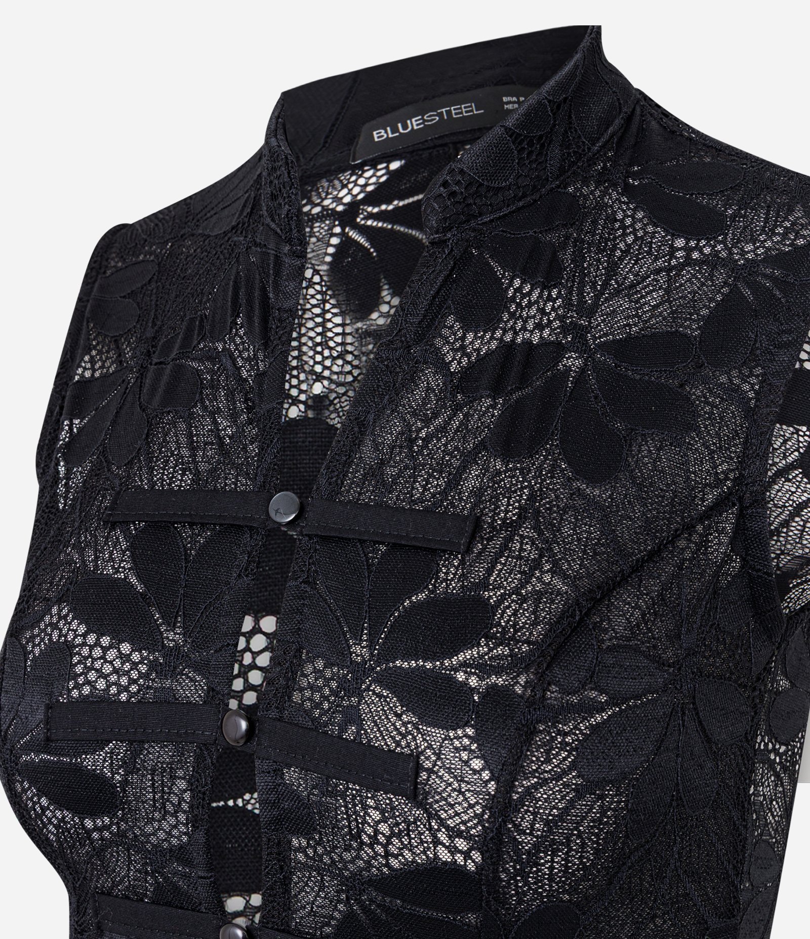 Blusa em Renda Texturizada com Fechamento em Nó Chines Preto 6