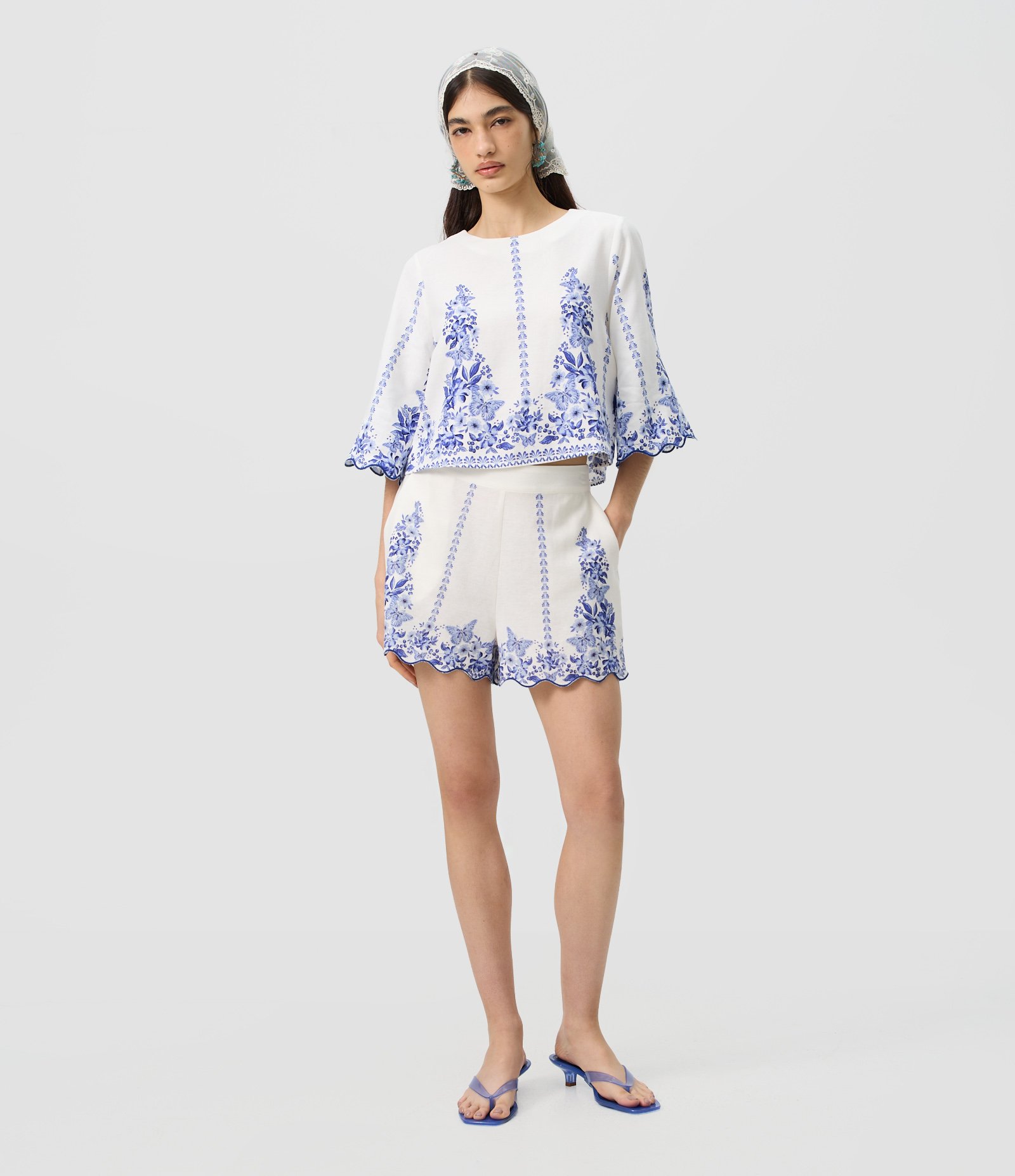 Short Estampado em Viscolinho com Barra Ondulada Branco 1