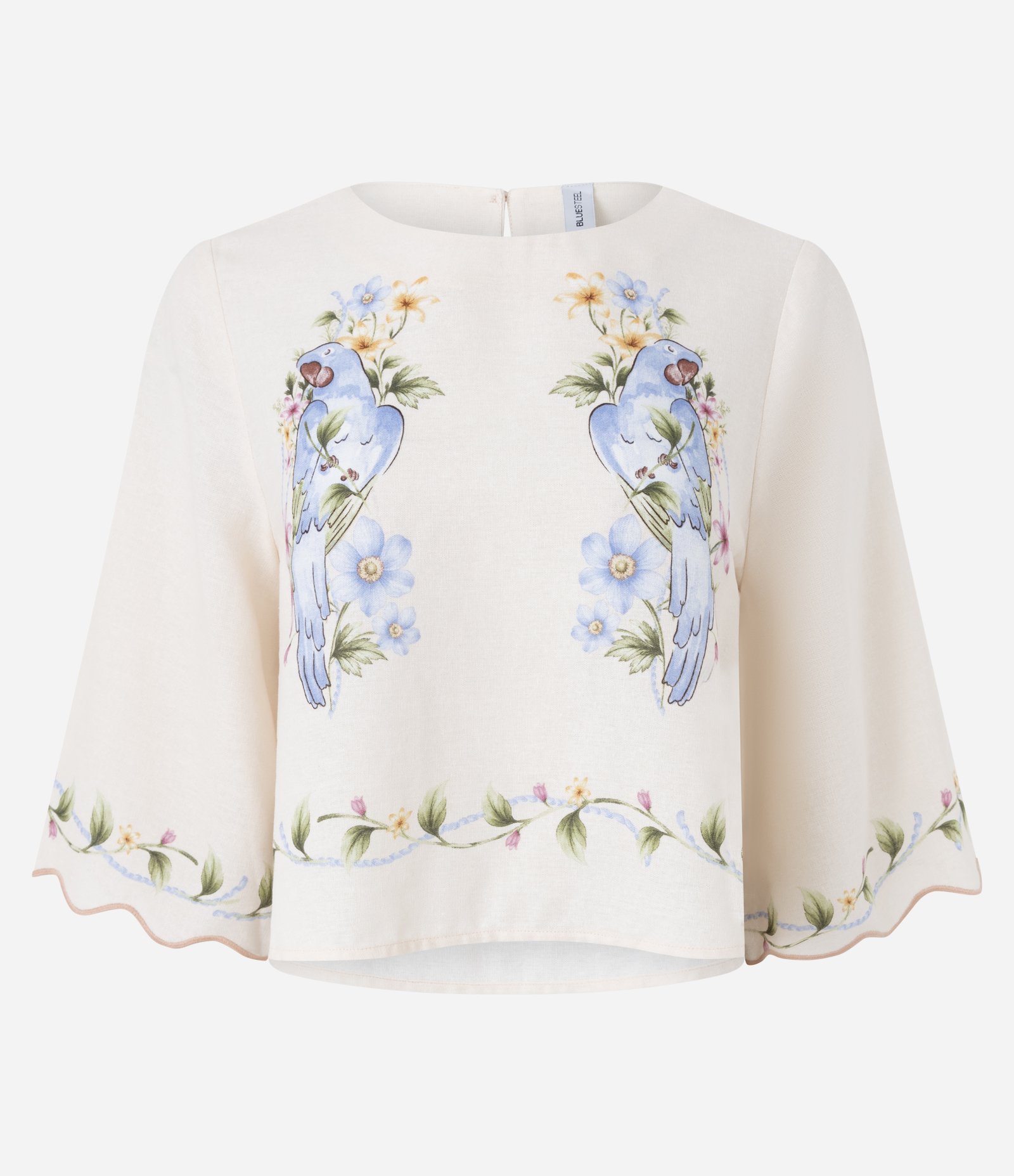 Blusa Manga 3/4 em Viscolinho com Estampa de Pássaros e Barra Ondulada Rosa Claro 5