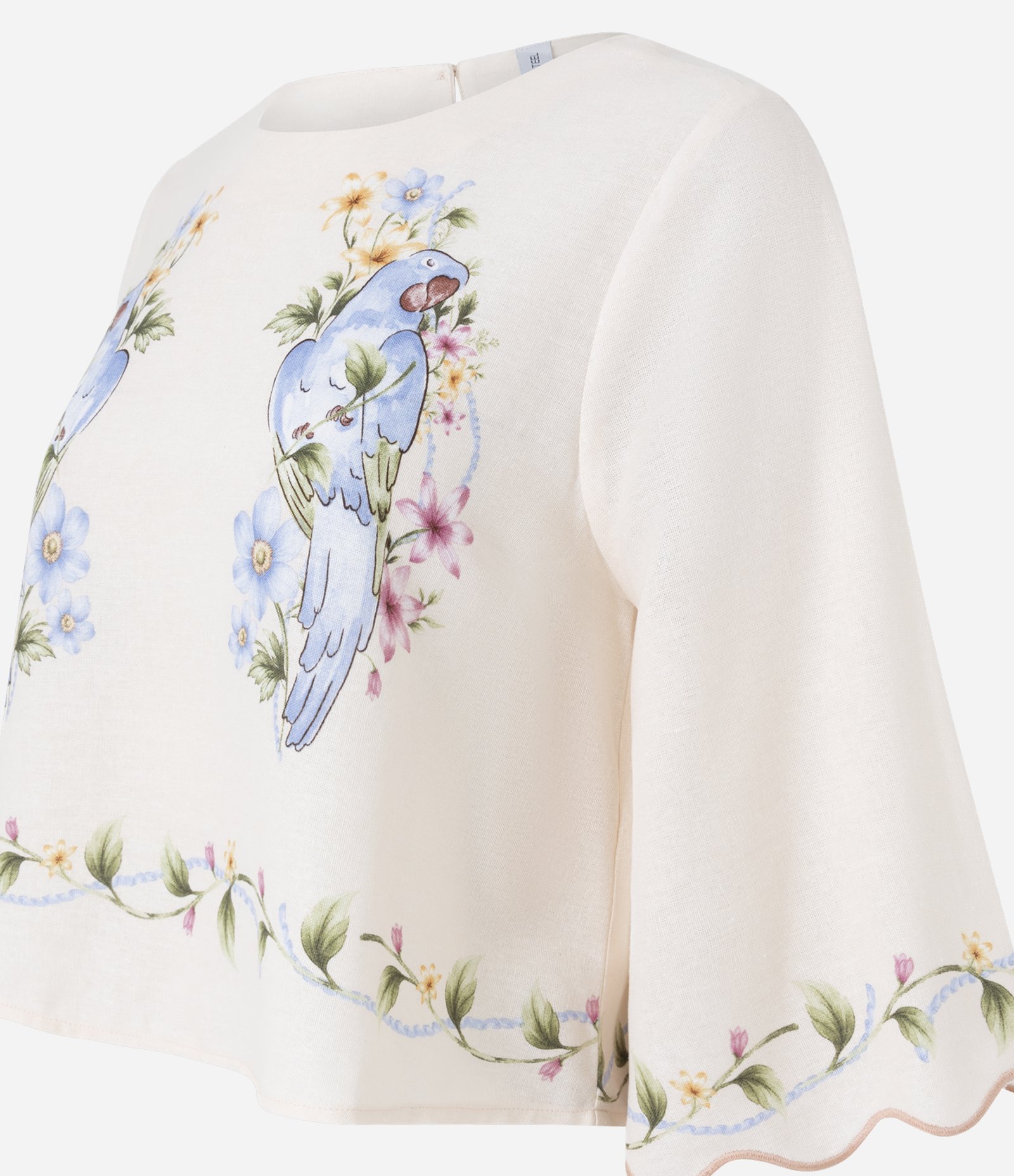 Blusa Manga 3/4 em Viscolinho com Estampa de Pássaros e Barra Ondulada Rosa Claro 6