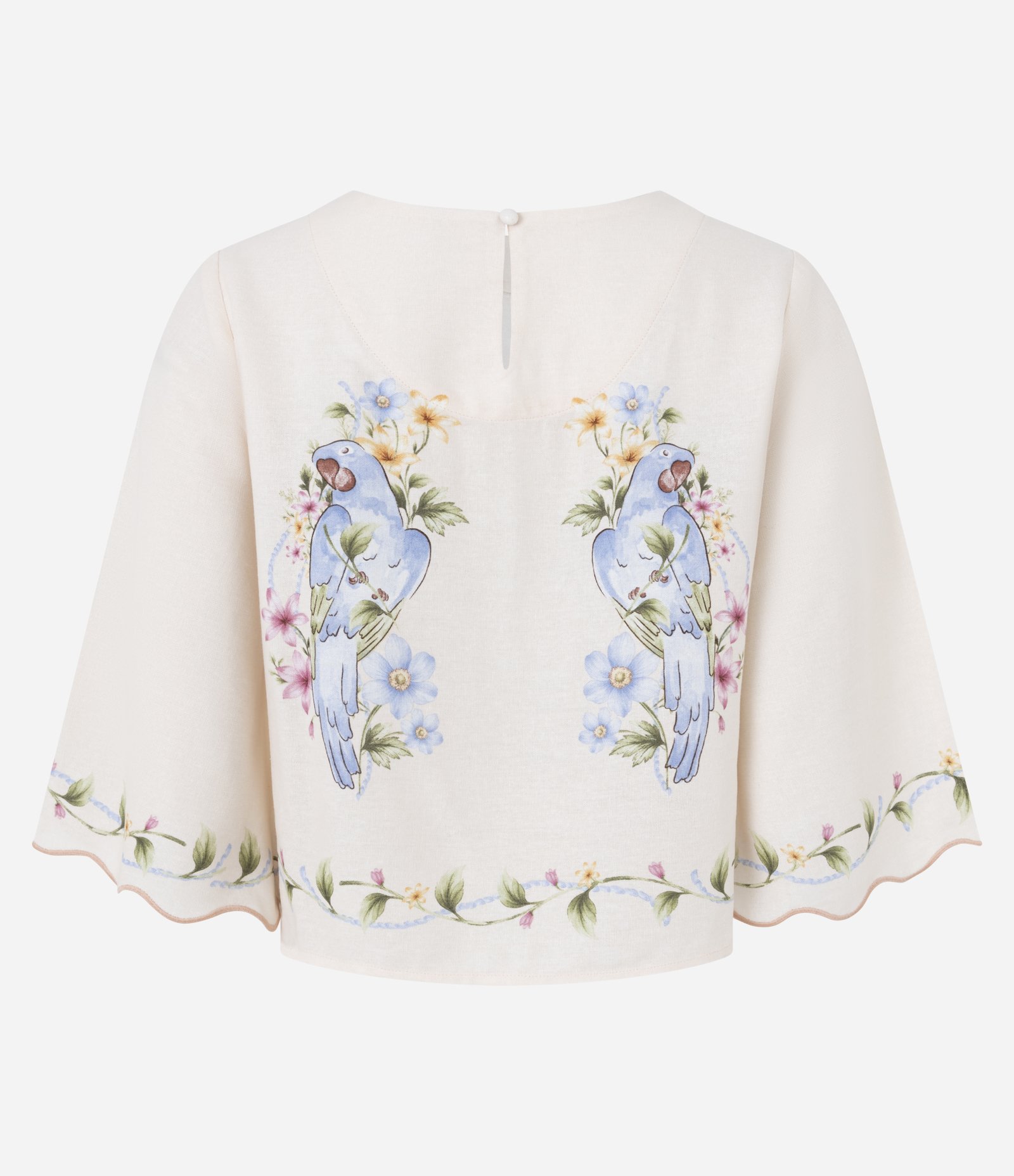 Blusa Manga 3/4 em Viscolinho com Estampa de Pássaros e Barra Ondulada Rosa Claro 7