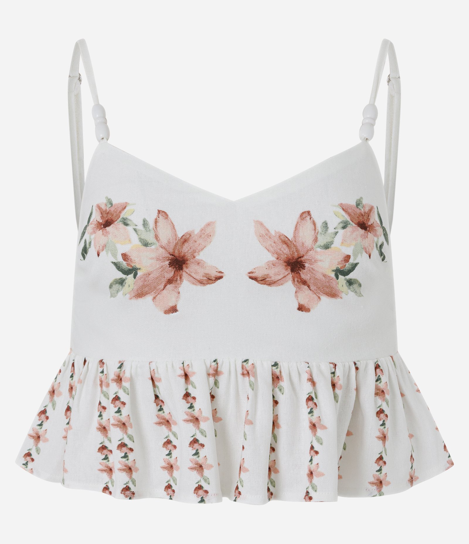Blusa Cropped Peplum em Viscolinho Floral com Alças Finas Branco 5
