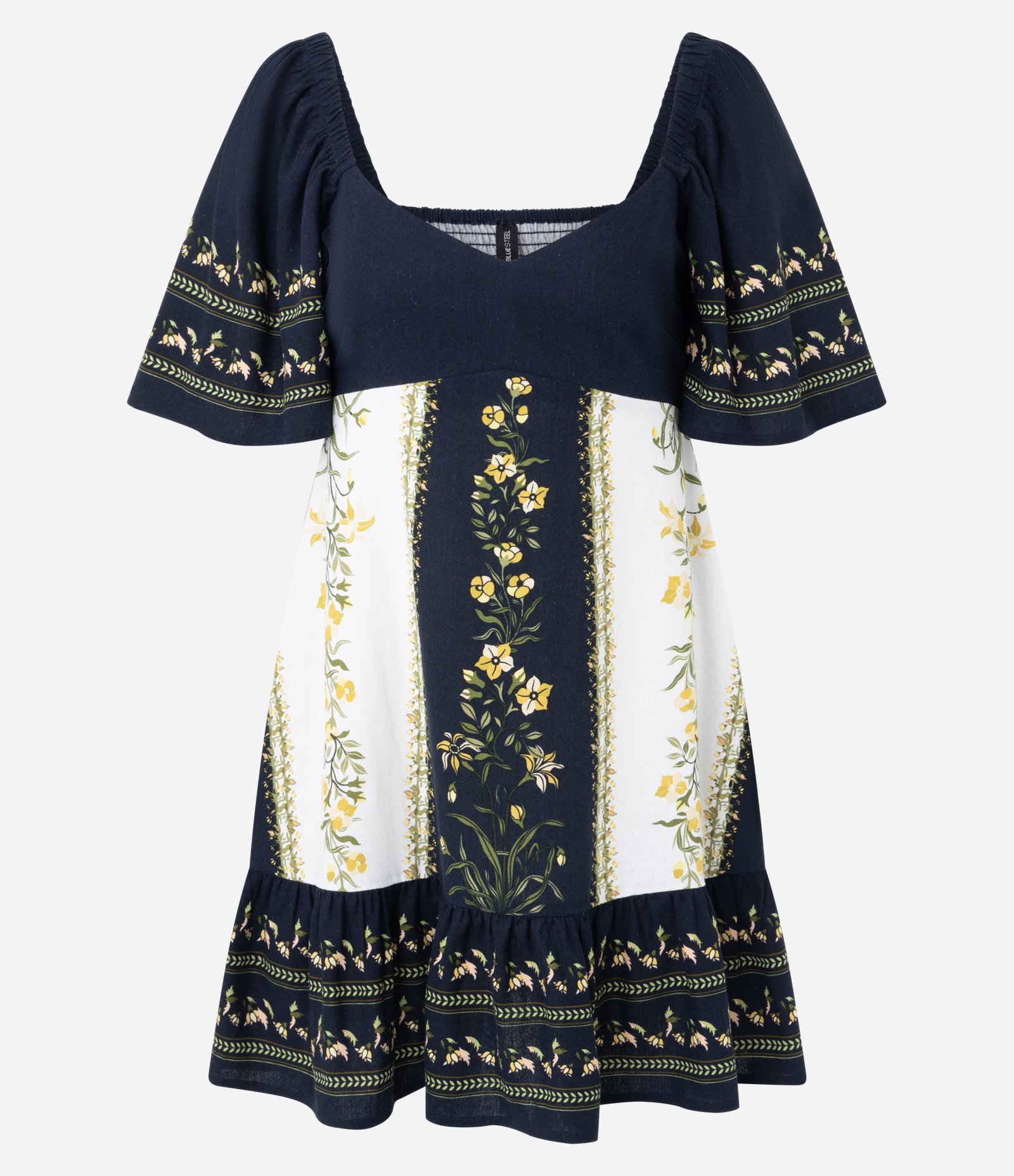 Vestido Evasê com Estampa Floral e Detalhes Constrastantes Azul Escuro 1