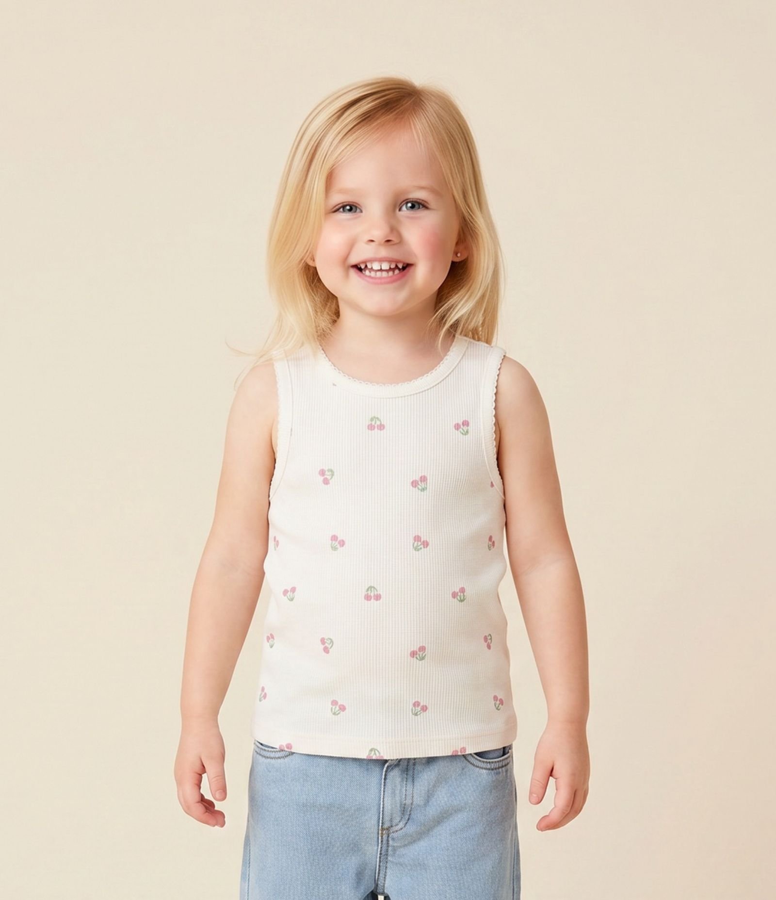 Regata Infantil em Ribana com Estampa Fullprint Cerejinhas – Tam 1 a 6 Anos Off White 1
