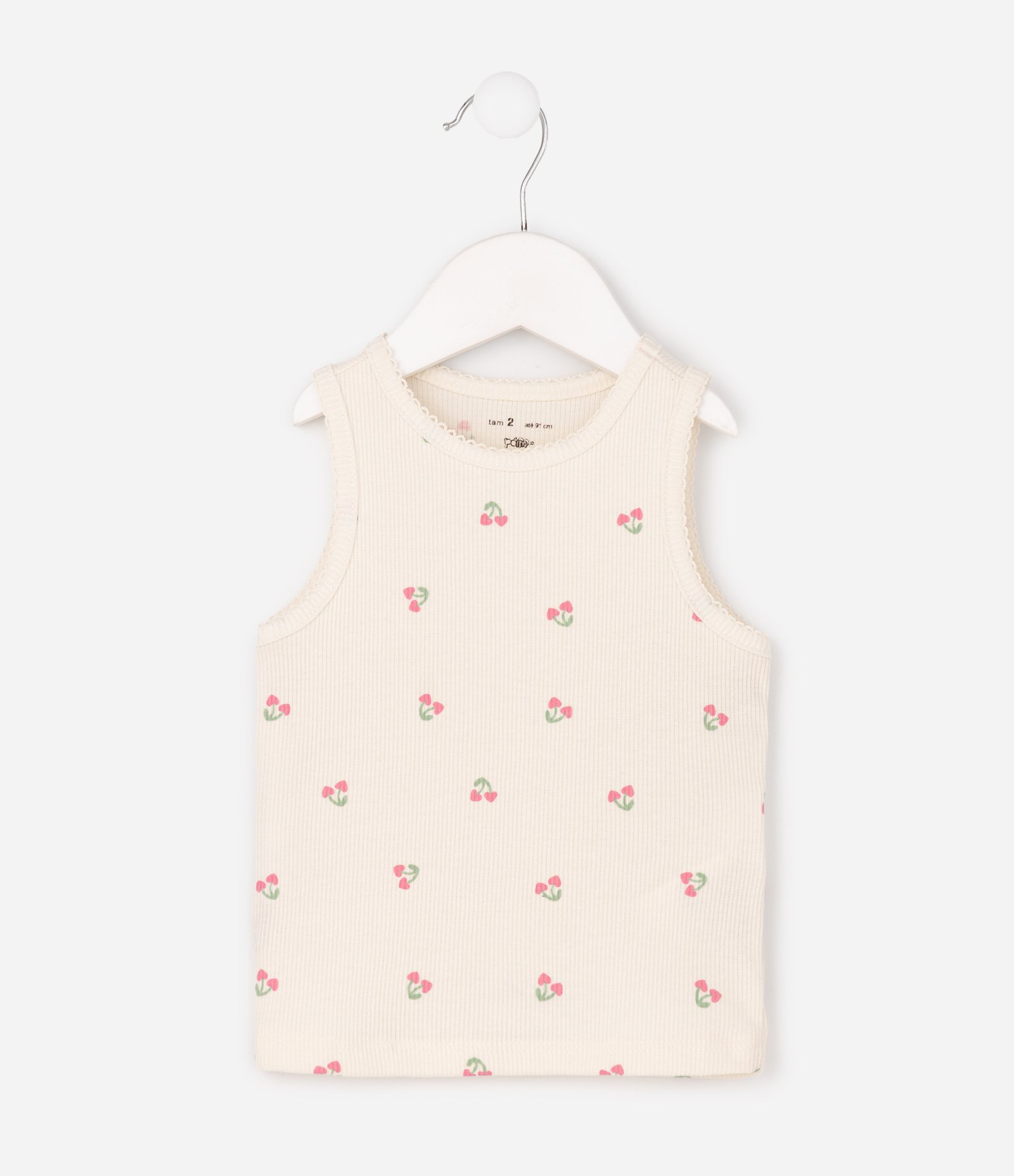 Regata Infantil em Ribana com Estampa Fullprint Cerejinhas – Tam 1 a 6 Anos Off White 2